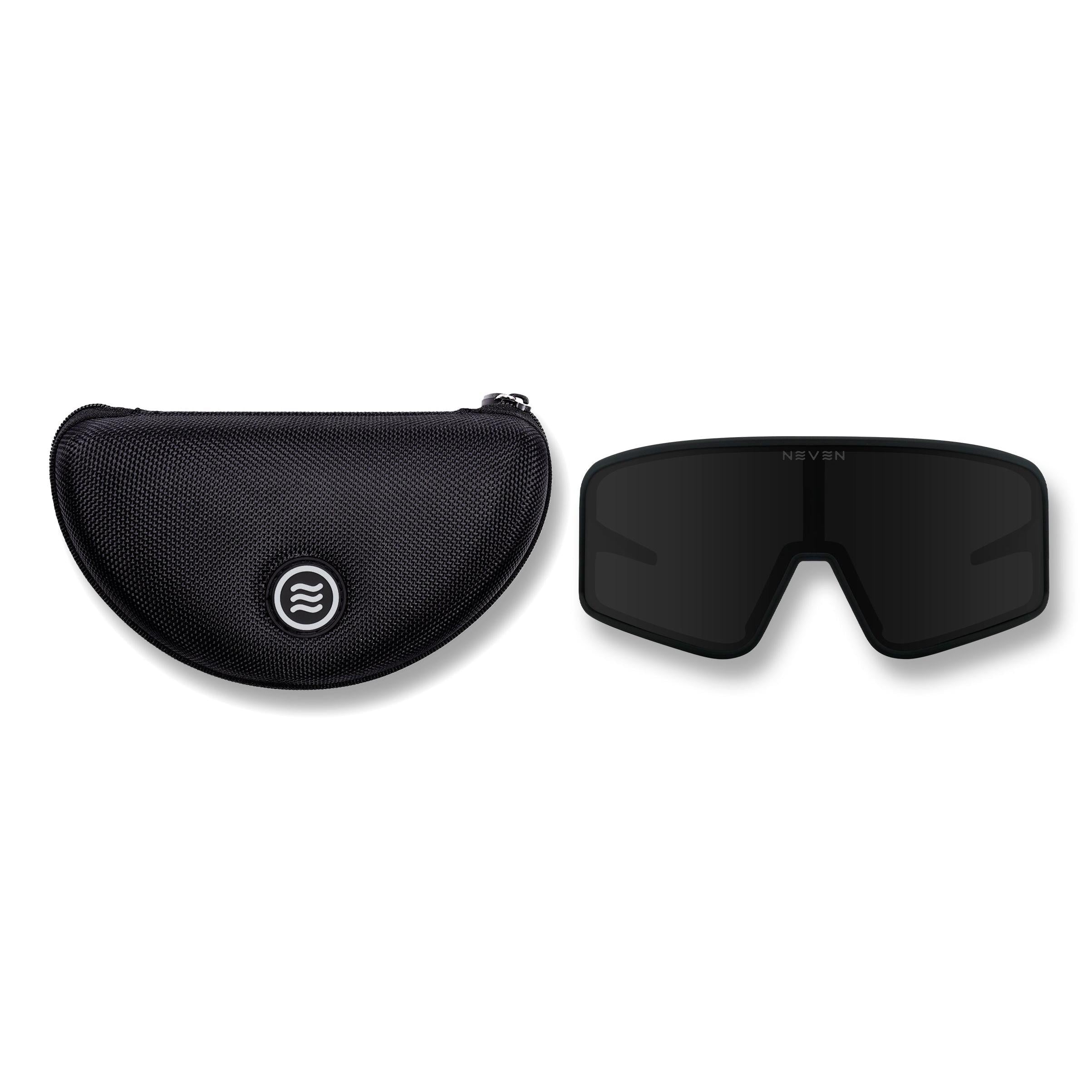 Neven Resilience polarized sunglasses with a sleek black shield lens and matching protective zippered hard case.