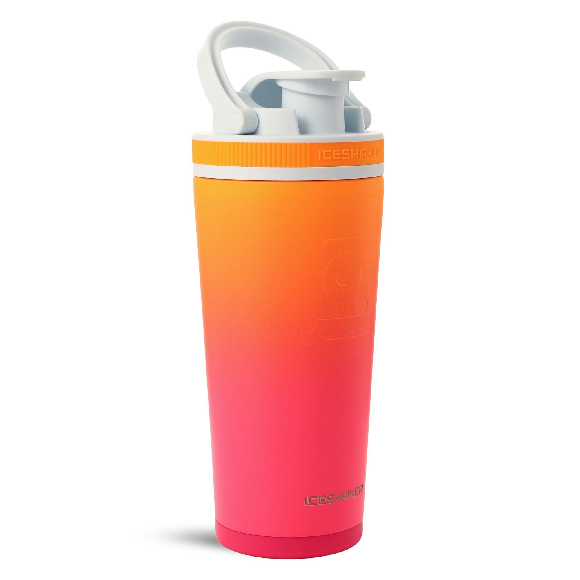 26oz Ice Shaker bottle featuring an orange-to-pink ombre stainless steel body and a white carry-handle lid.