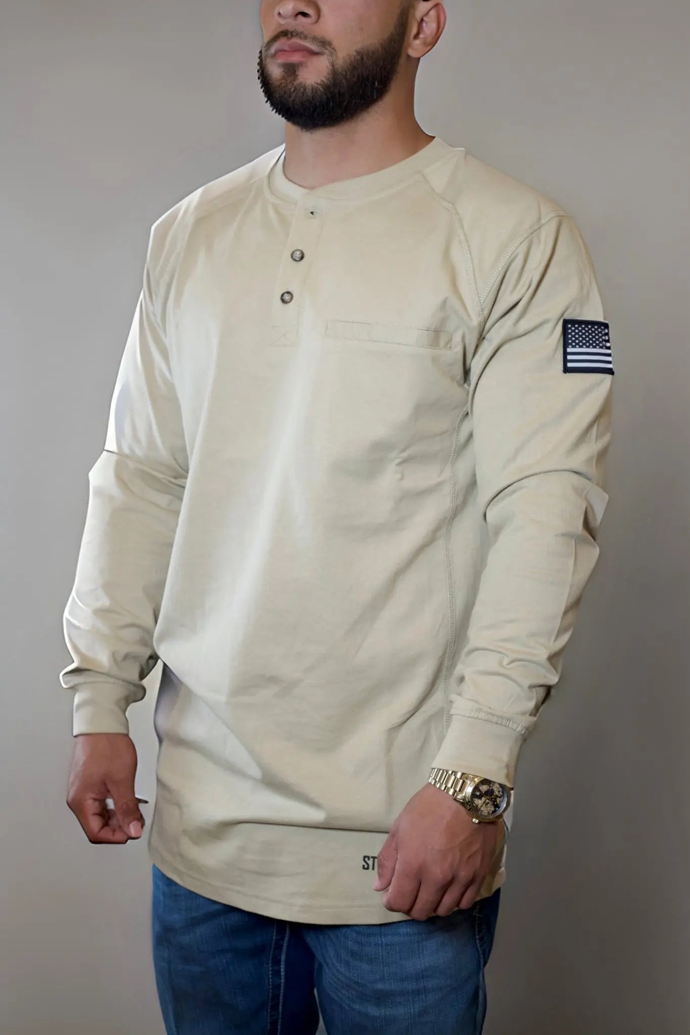 Static FR Flame-Resistant Shirt 3-Button Henley - Tan-Safety Glasses USA-1