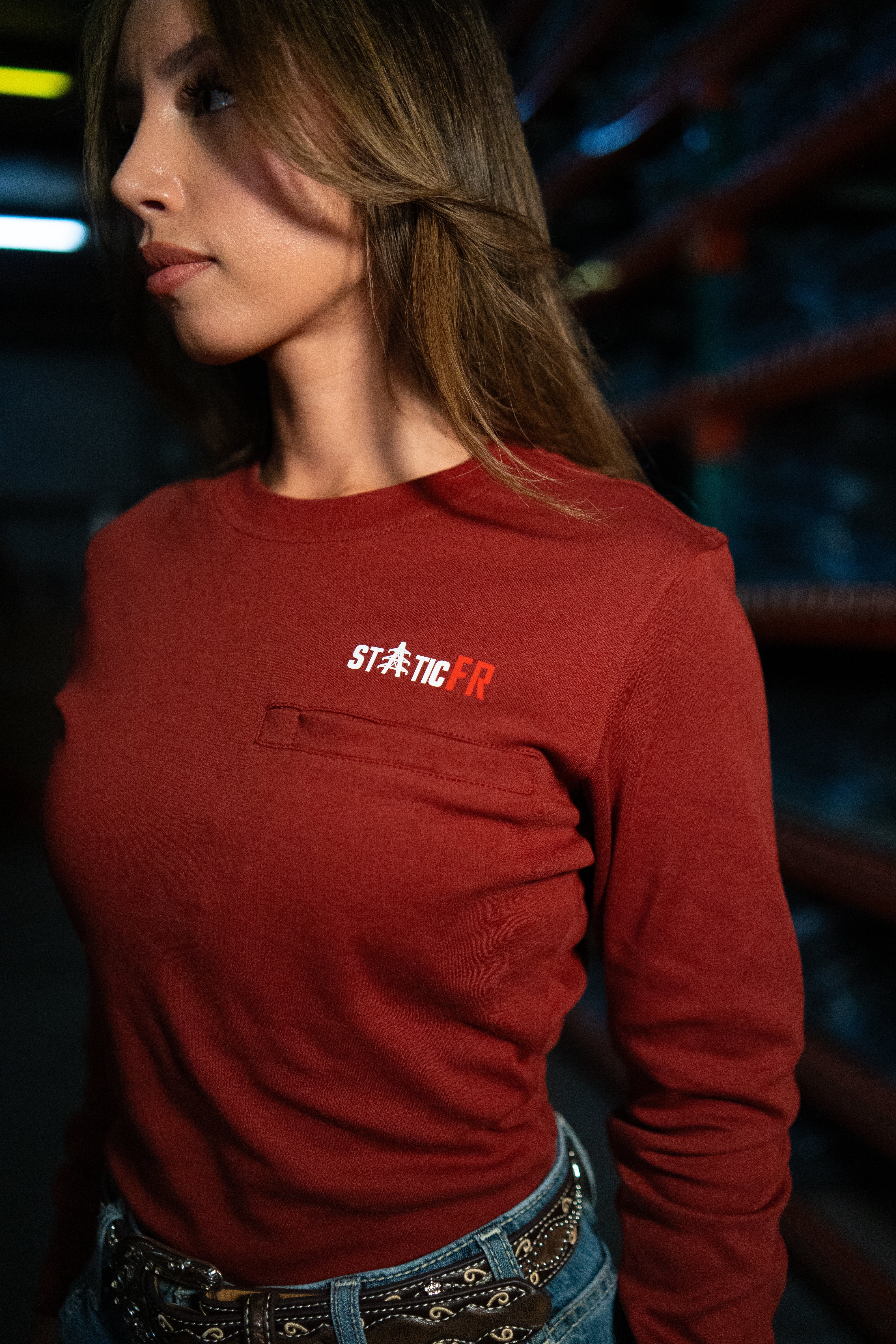 Static FR Women's Flame-Resistant Crew Neck Work Shirt - Wine Red