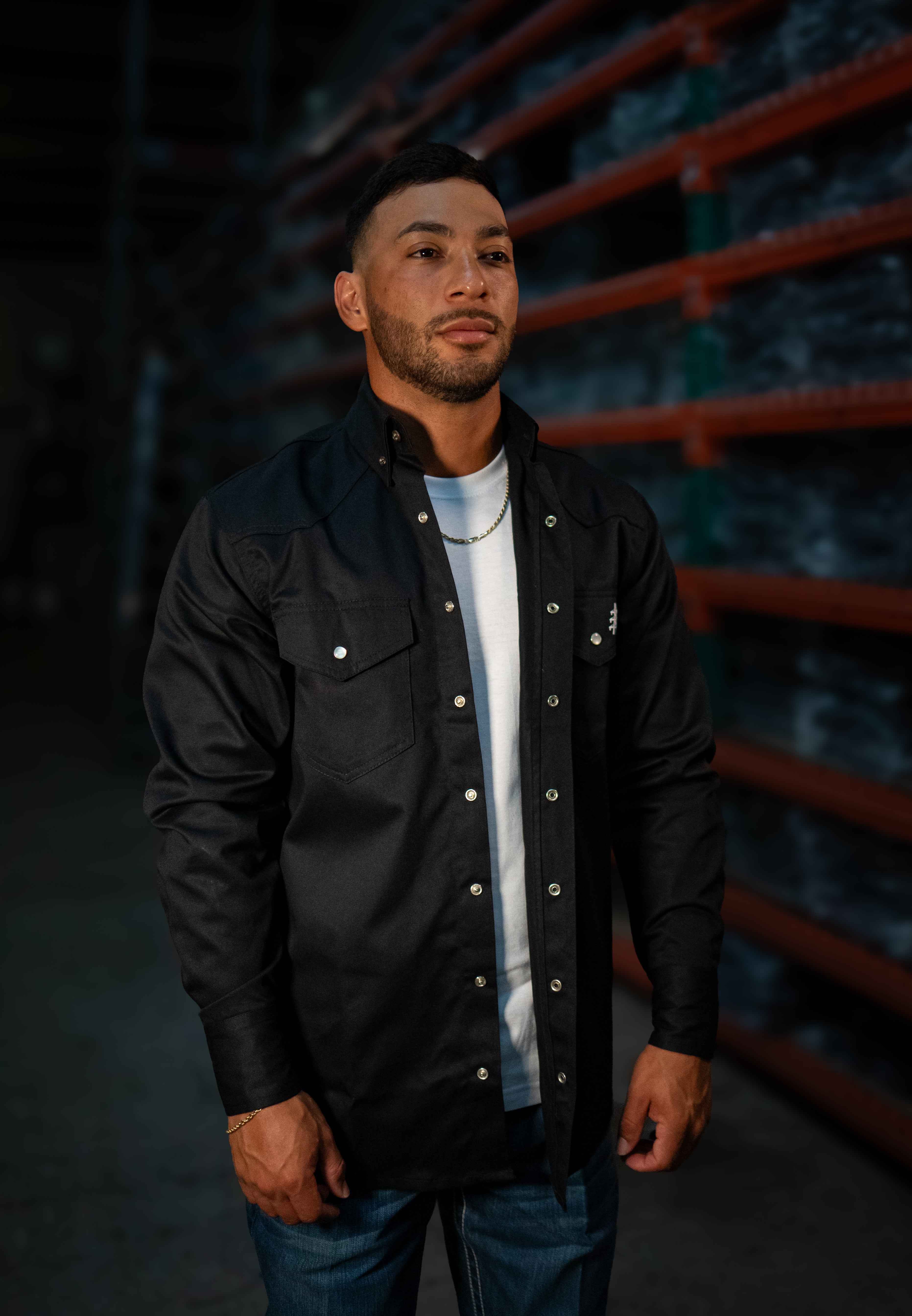 Static FR Flame-Resistant Western Style Pearl Snap Work Shirt - Black