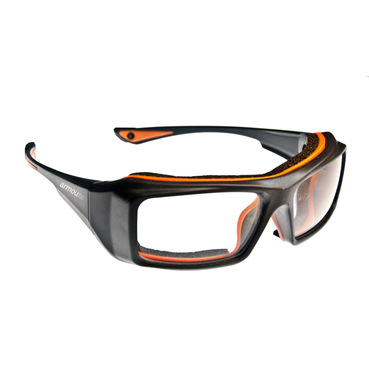Black ArmouRx 6006 prescription safety glasses with orange accents, wraparound plastic frame, and foam gasket.