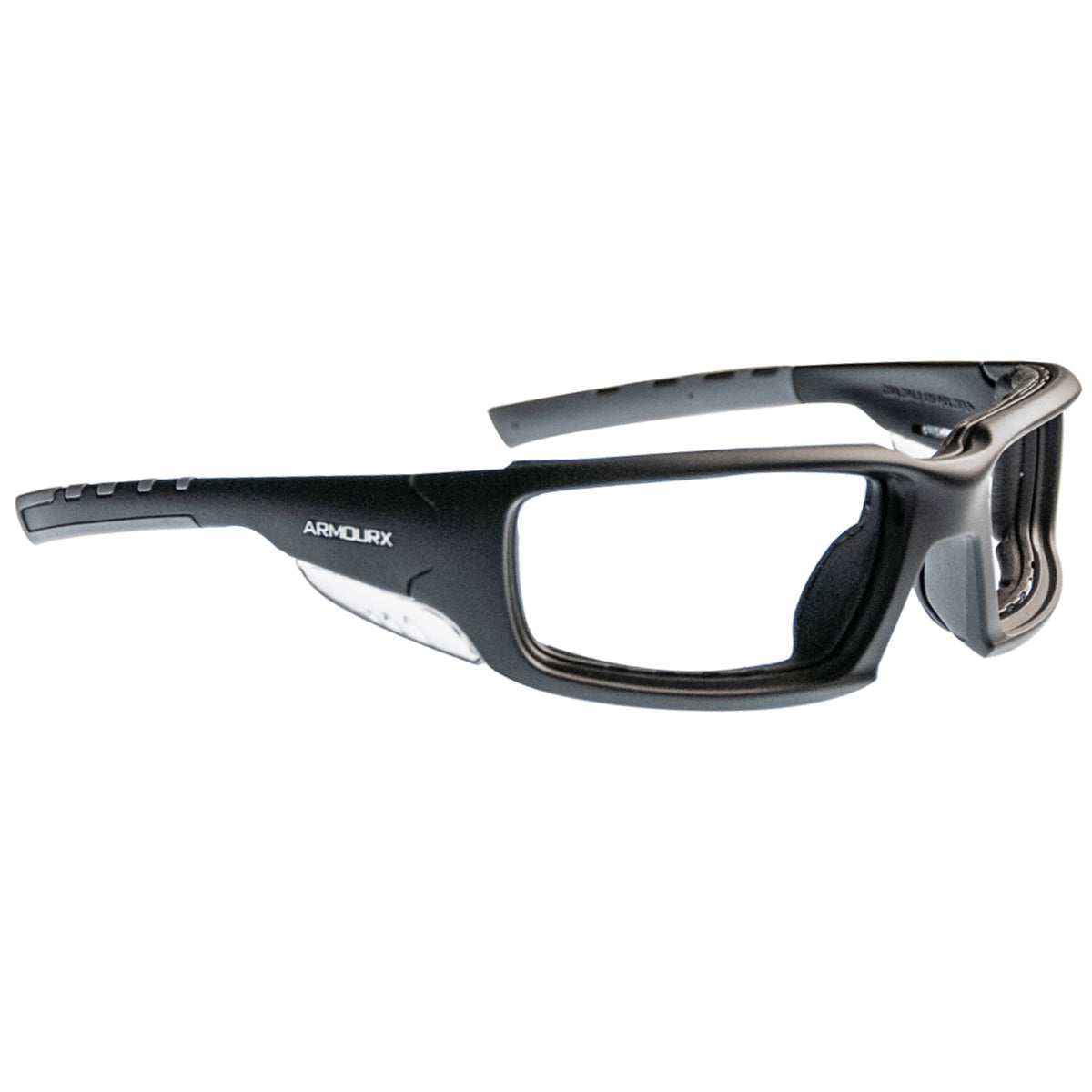 ArmouRx 6016 black plastic wraparound prescription safety glasses with clear lenses and side protection.