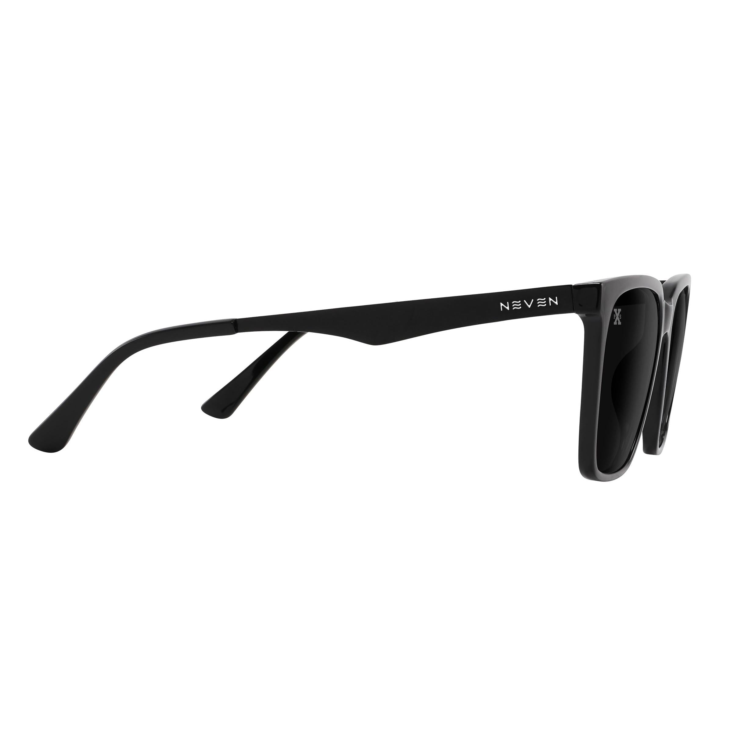 Neven Mamba polarized sunglasses with a sleek black frame and dark lenses viewed from the side.