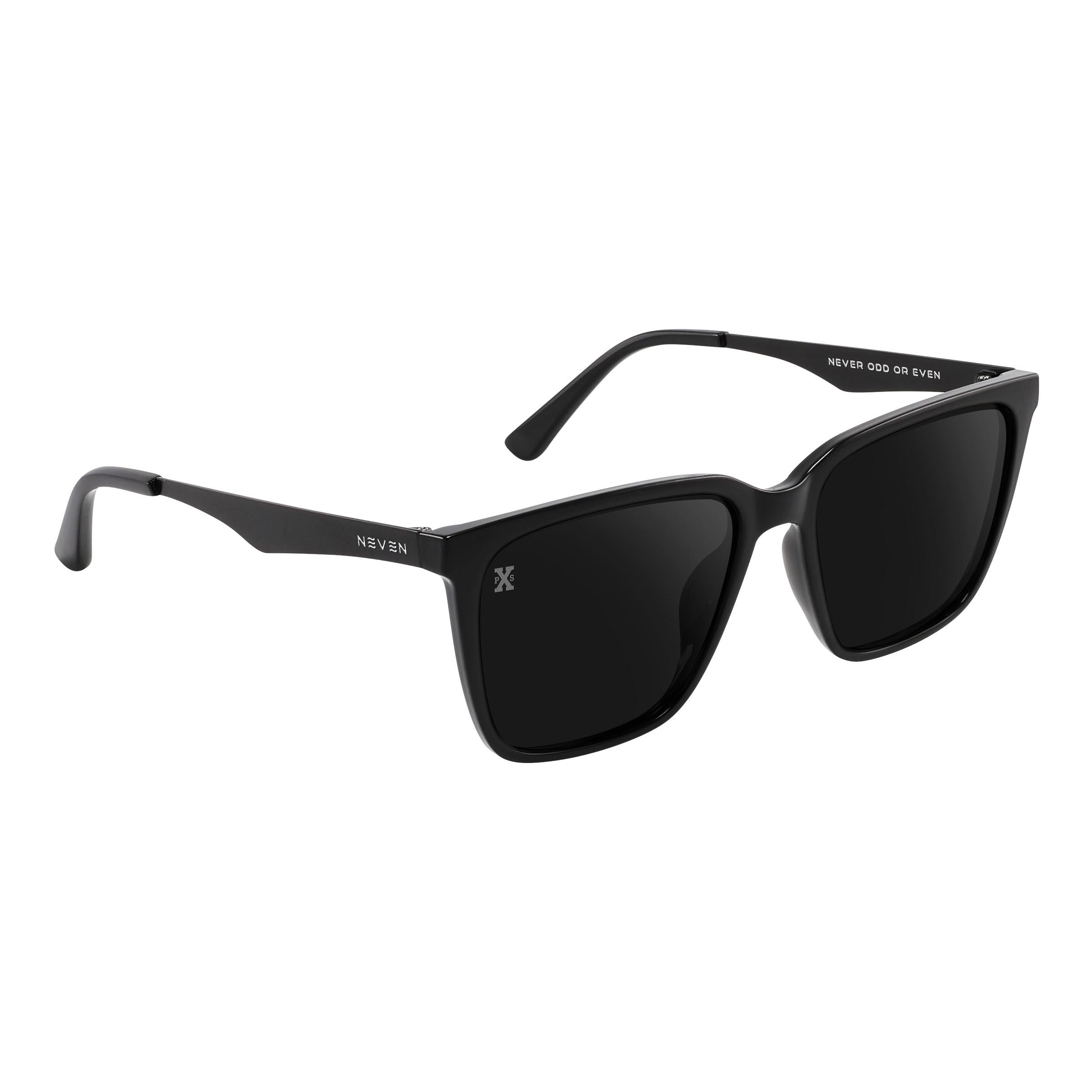 Neven Mamba polarized sunglasses with matte black frames, dark lenses, and white branding on the temple and inner arm.