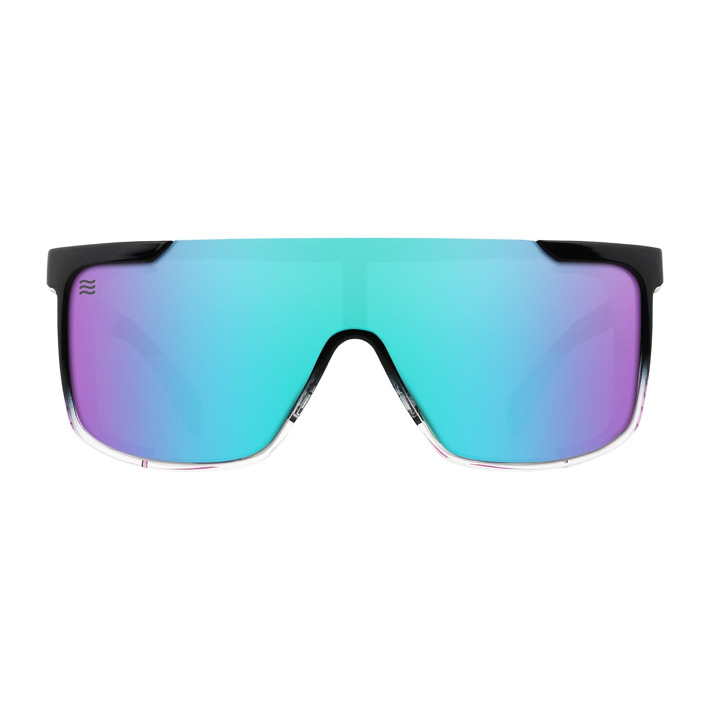 Neven Night Watch polarized sunglasses with a black frame, clear bottom rim, and reflective blue-to-purple gradient shield lens.