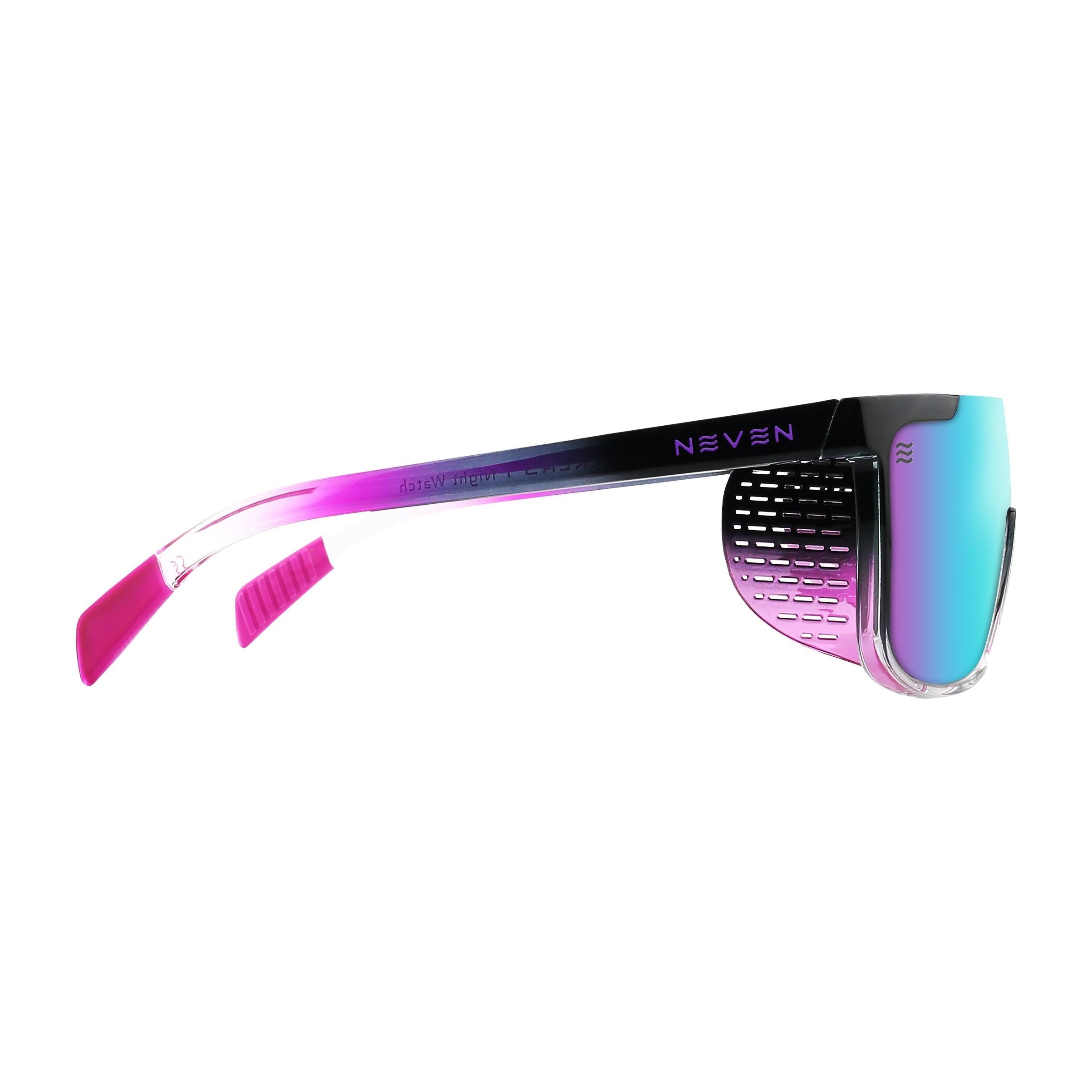 Neven Night Watch polarized sunglasses with blue mirrored lenses, black frames, and a purple-to-clear gradient temple design.