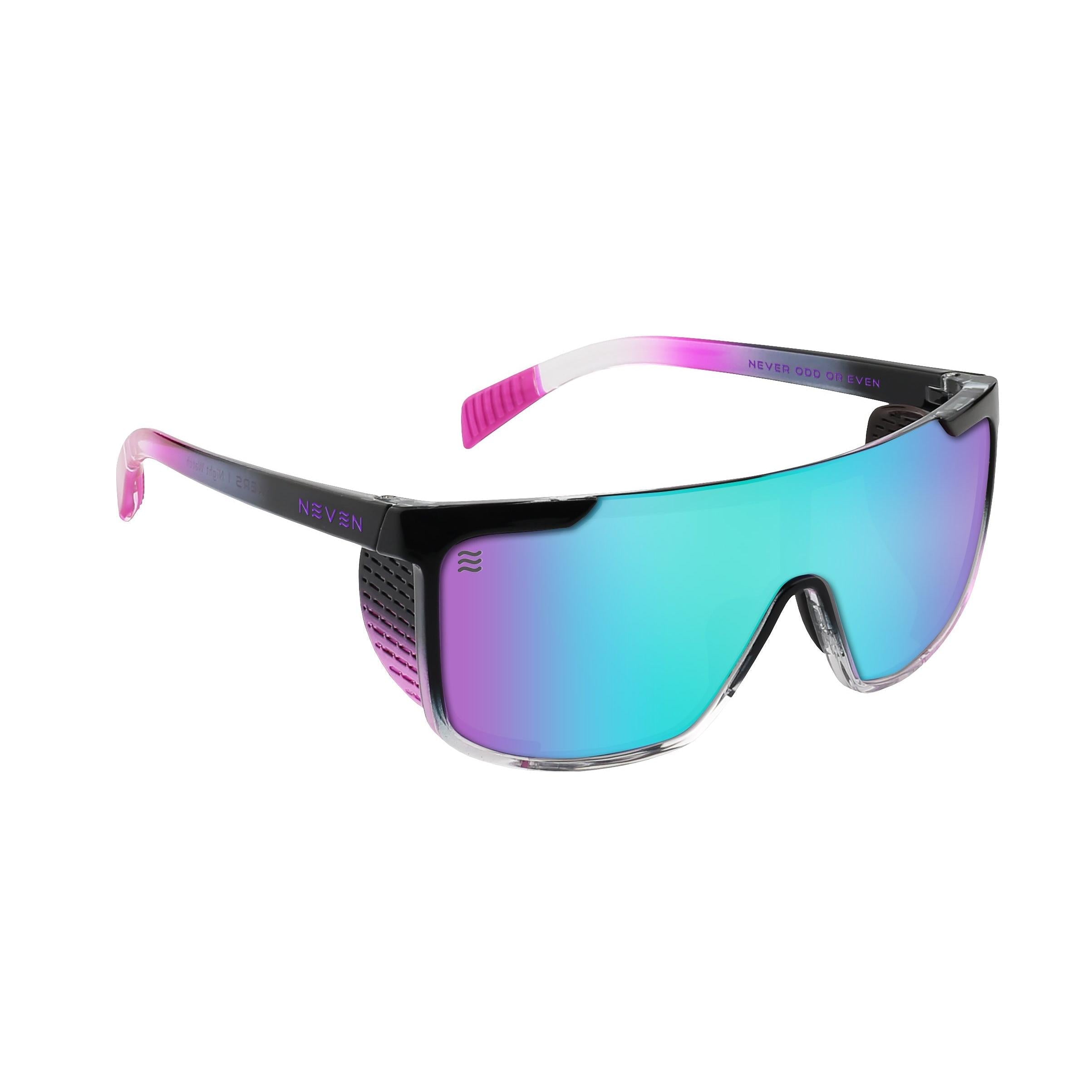 Neven Night Watch polarized sunglasses with a shield lens, teal-to-purple gradient, and pink-tipped translucent frames.