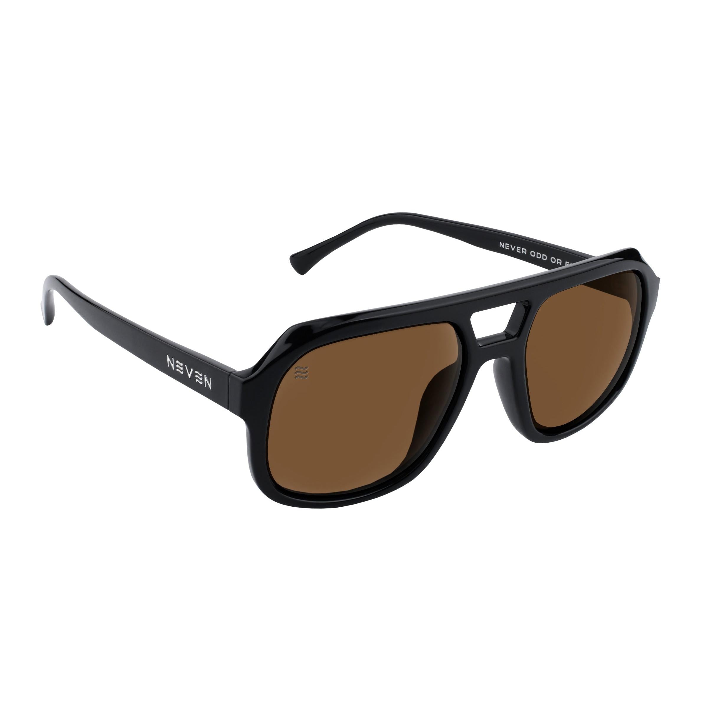 Neven Gaia polarized sunglasses with a black aviator-style frame and brown lenses against a white background.