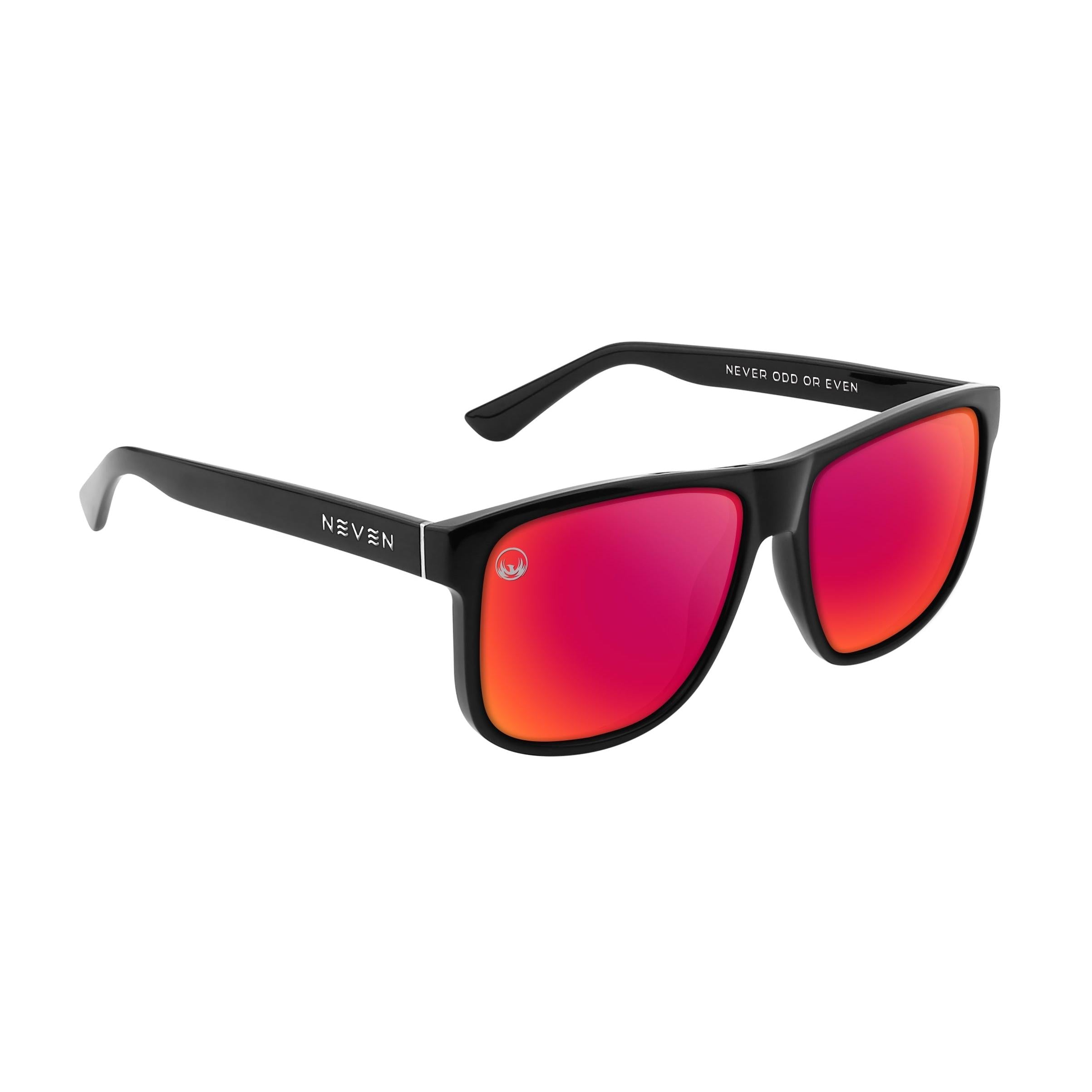 Neven Cinder polarized sunglasses featuring black frames and vibrant red reflective lenses with a side logo detail.