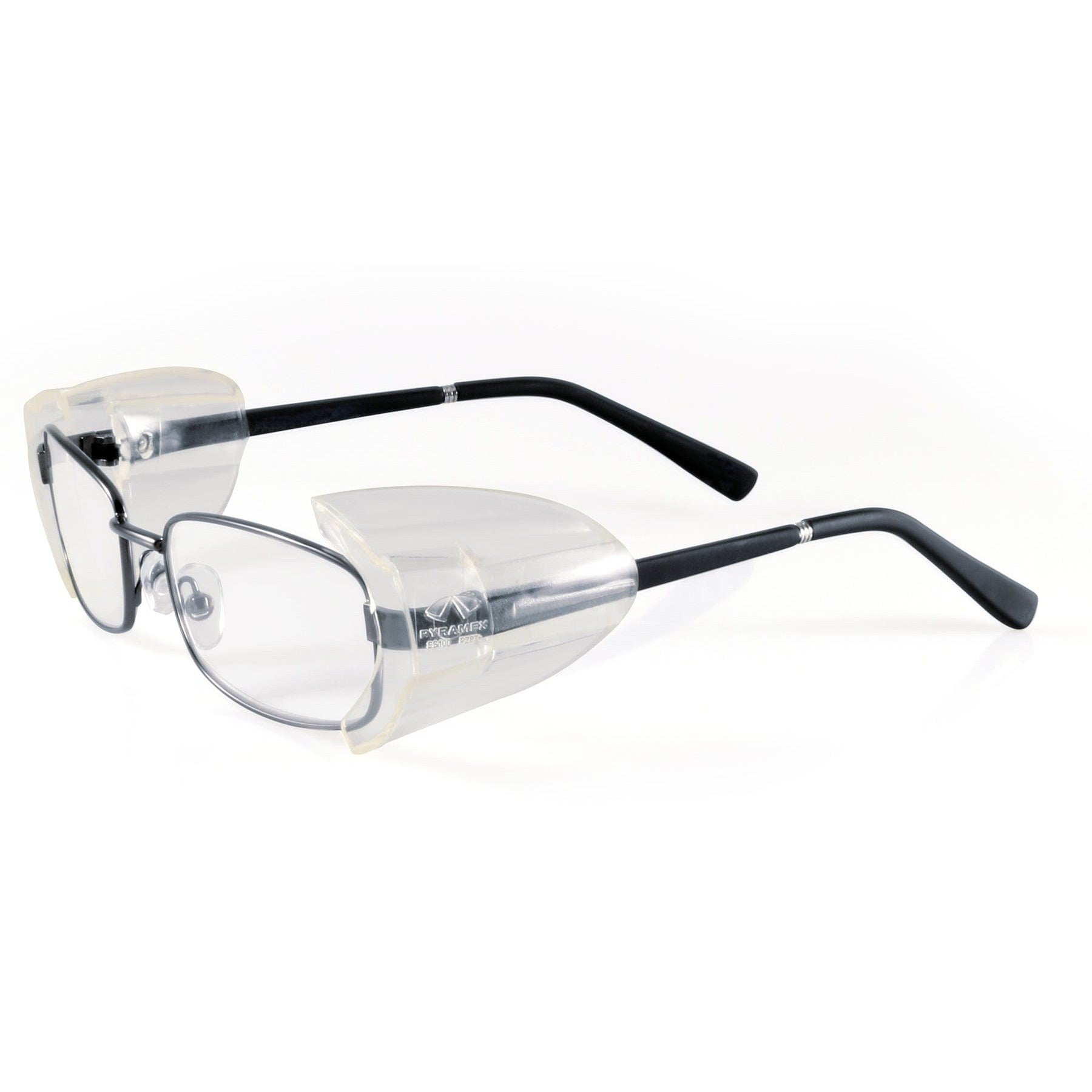 Pyramex SS100 Slip-On Side Shields installed on prescription frames