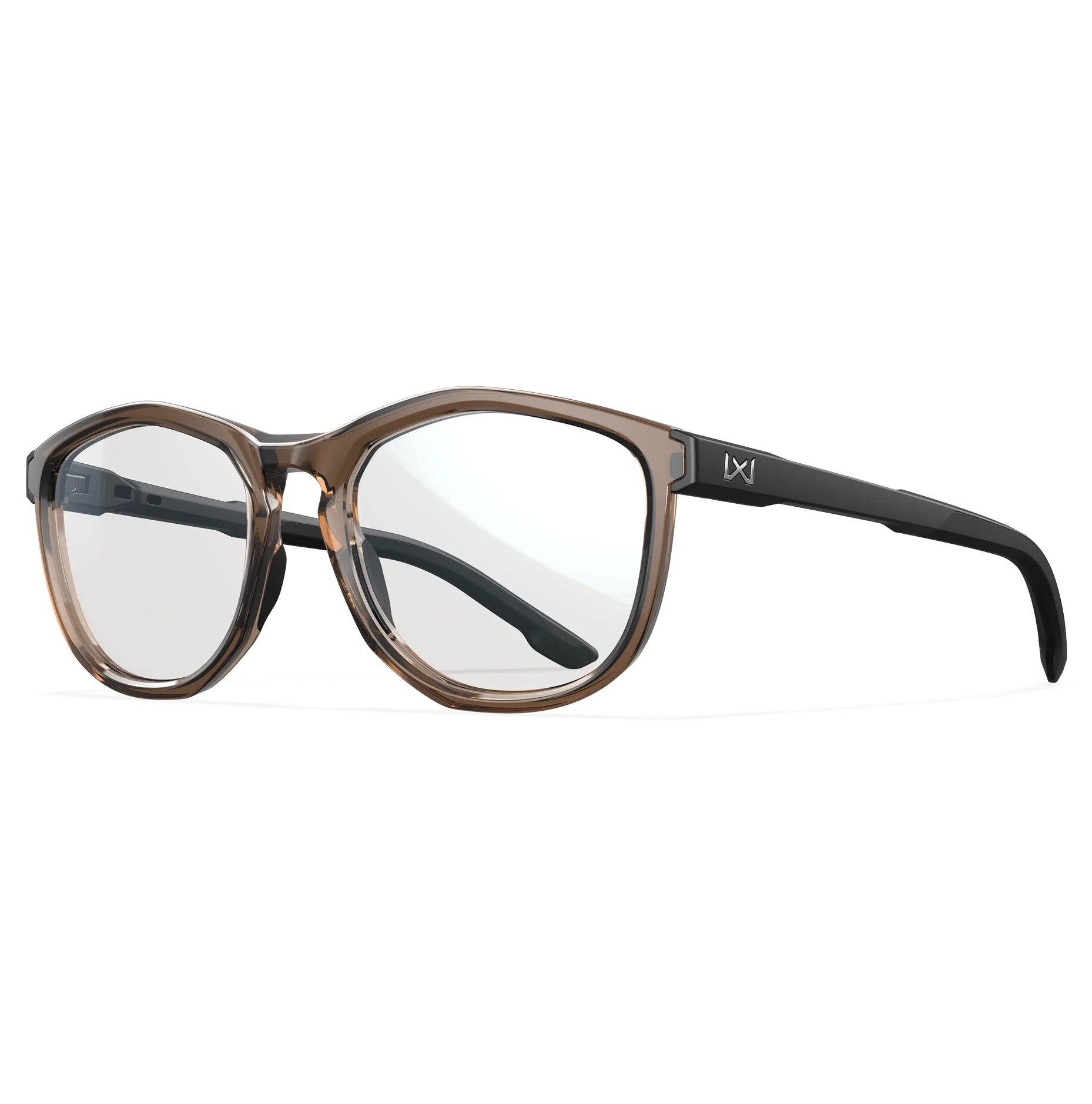 Wiley X Bravo Crystal Tan prescription safety glasses with clear lenses and black temples.