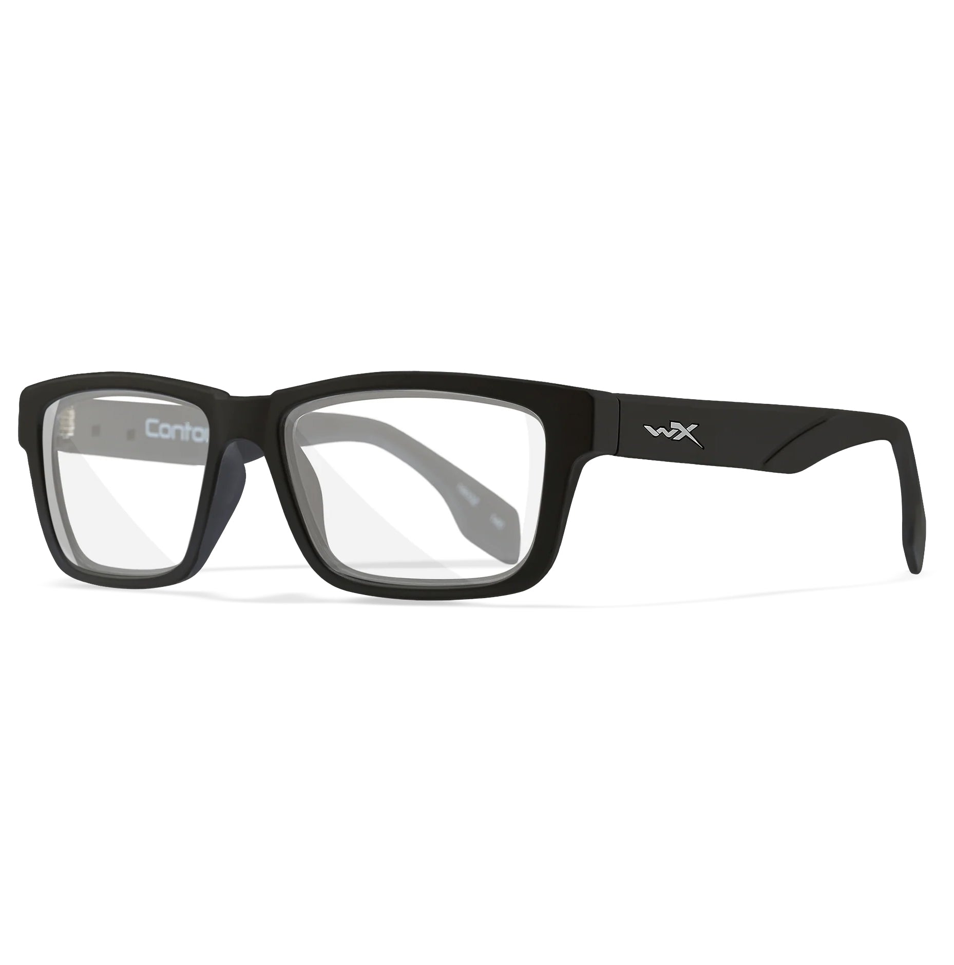 Black Wiley X Contour prescription safety glasses with clear lenses and WX logo.