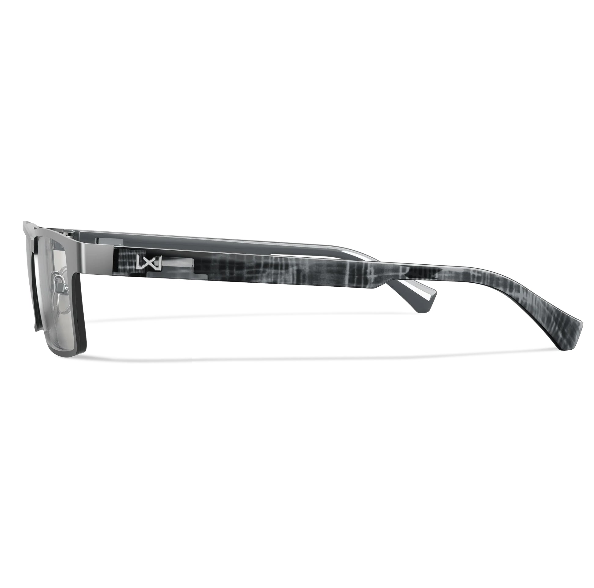 Wiley X TIG Worksight prescription safety glasses with black and gray patterned frames.