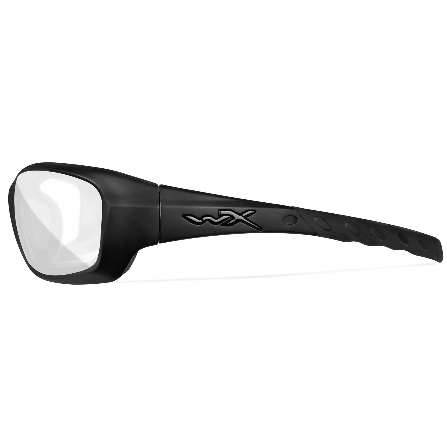 Black Wiley X Gravity prescription safety glasses with clear lenses, textured temples, and ANSI Z87.1 certification.