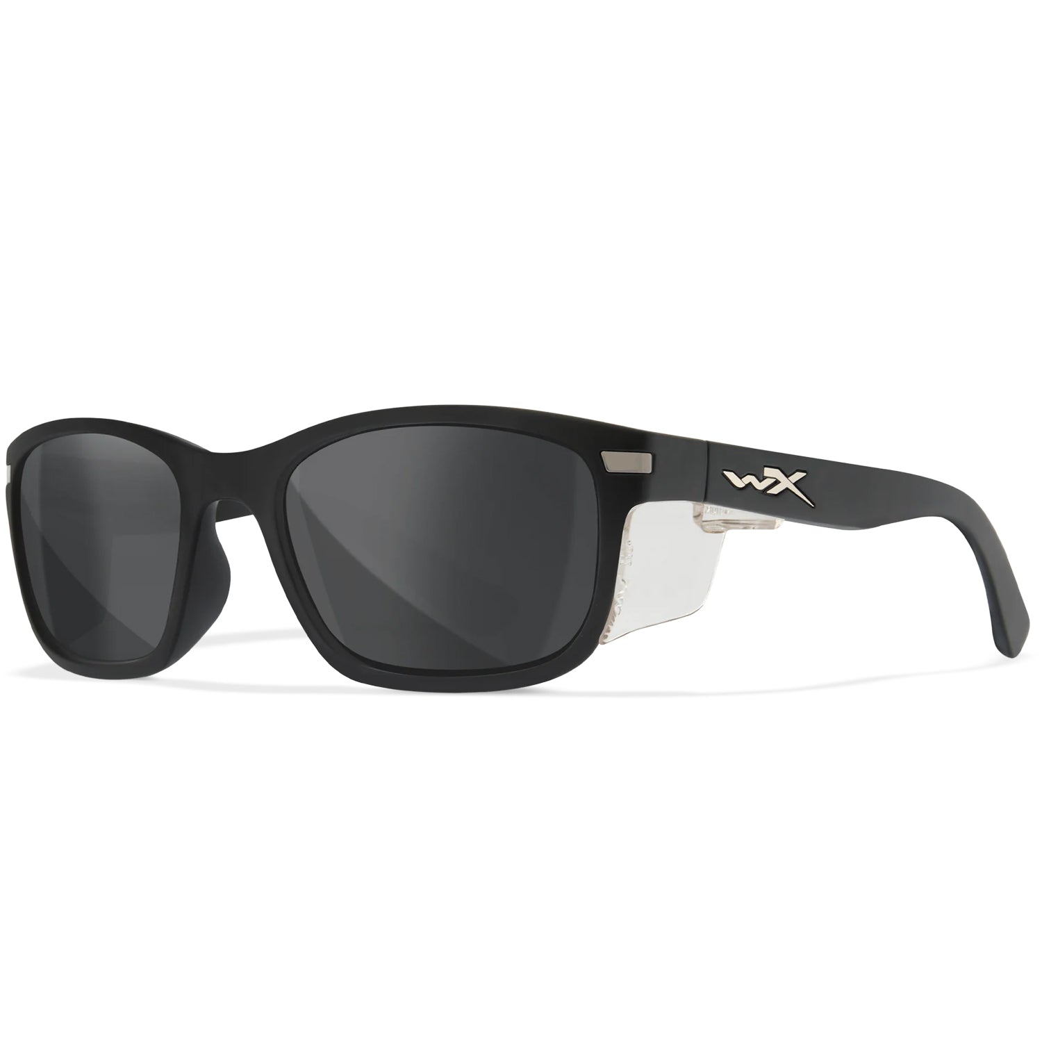 Matte black Wiley X Helix prescription safety glasses with dark lenses and removable side shields, ANSI Z87.1 certified.