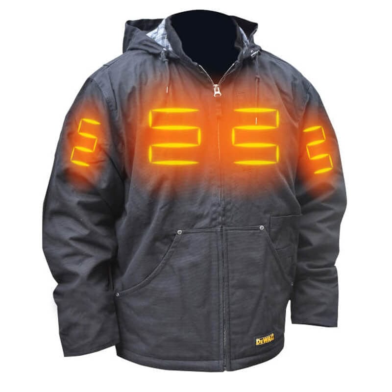 DEWALT DCHJ076ATB Unisex Heated Heavy Duty Work Coat Without Battery - Front Heat Zones - Shown in Black