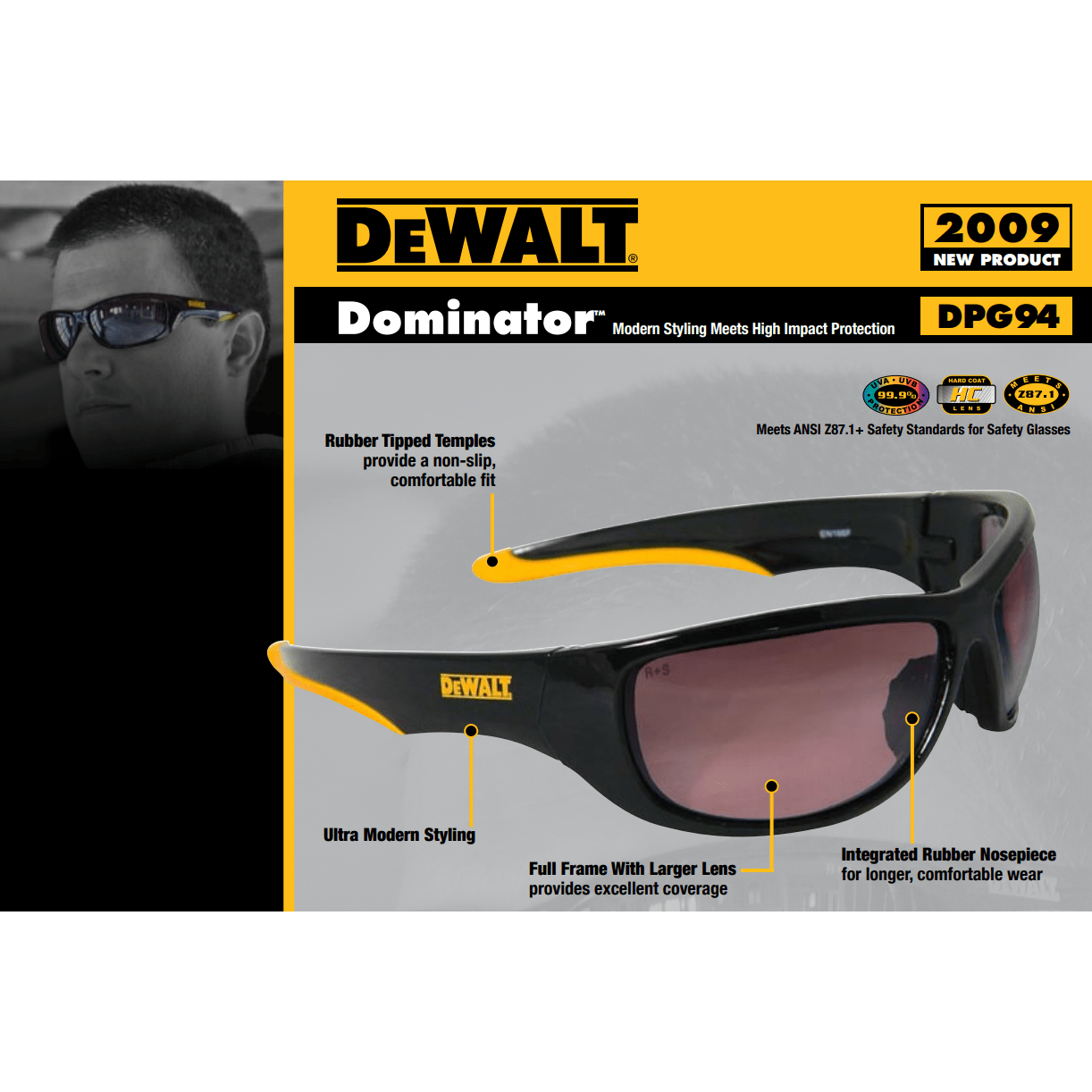 DeWalt Dominator Safety Glasses with Black Frame and Indoor/Outdoor Lens DPG94-9D Key Features
