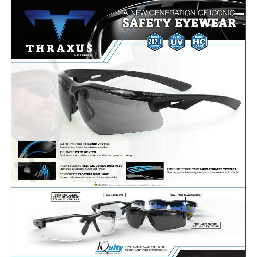 Radians Thraxus Safety Glasses with Clear IQUITY Anti-Fog Lens - Key Features