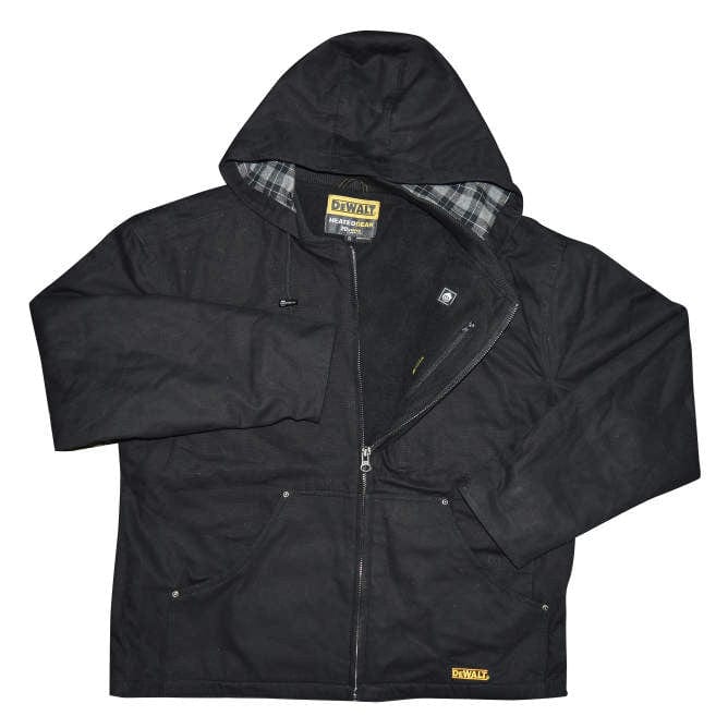 DeWalt DCHJ076ATD1 Unisex Heated Heavy Duty Work Coat With Battery & Charger Front View With Heat Controls - Shown in Black