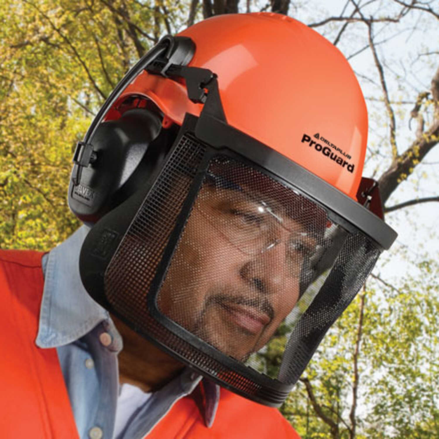 Delta Plus ProGuard Loggers Safety Cap w/25dB NRR Earmuffs worn on the job