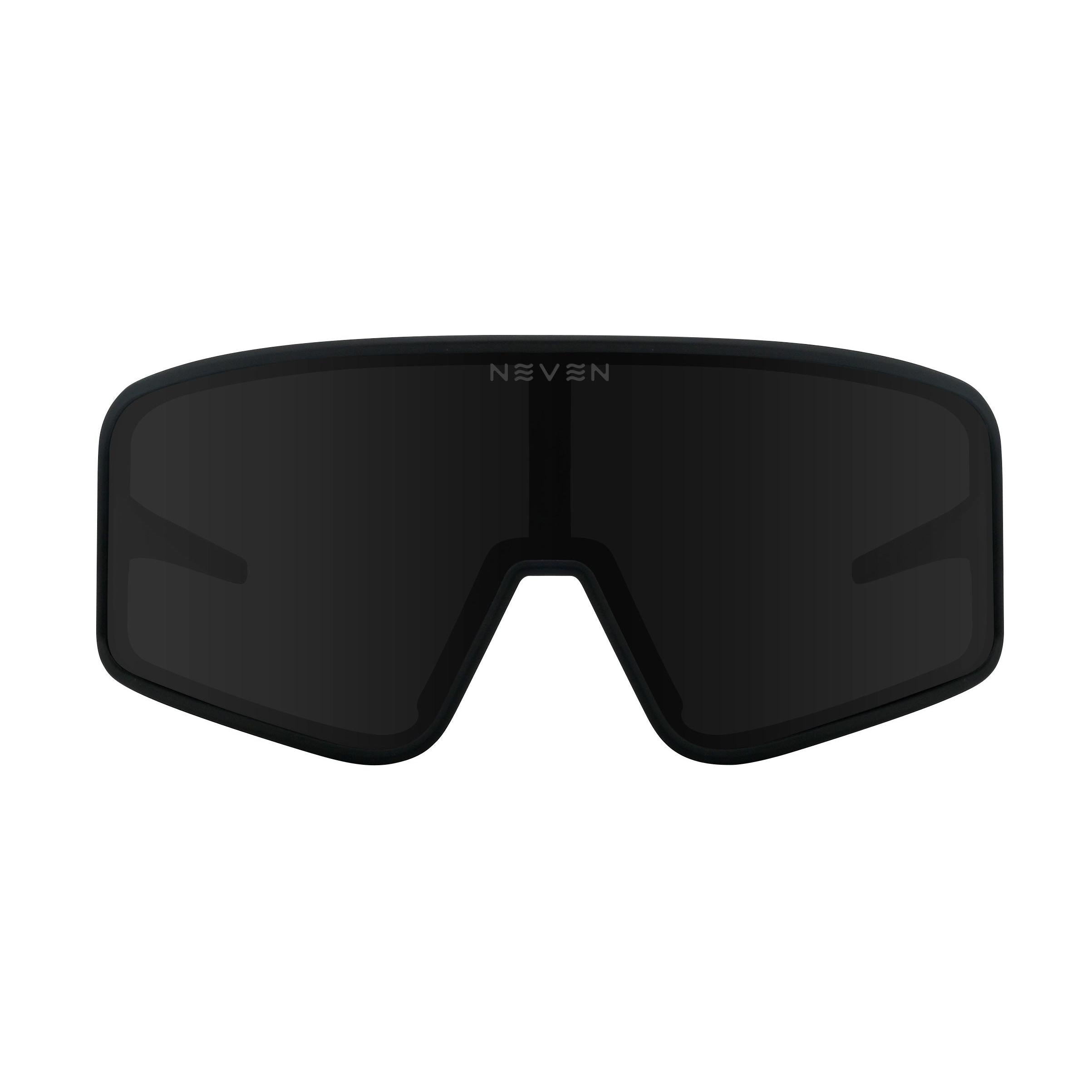 Neven Resilience polarized sunglasses featuring a sleek, matte black wraparound shield frame with dark lenses.
