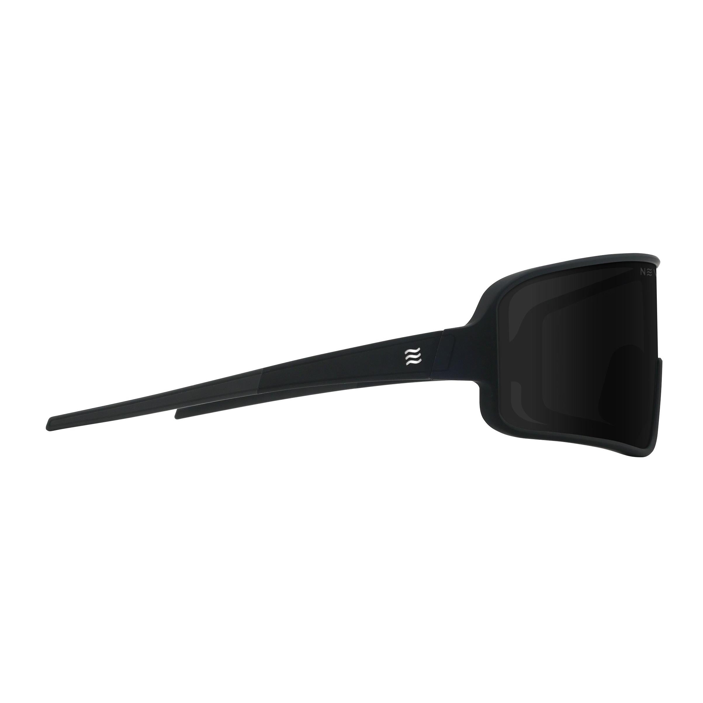 Matte black Neven Resilience polarized sunglasses with a sleek, wraparound frame and side logo detail.