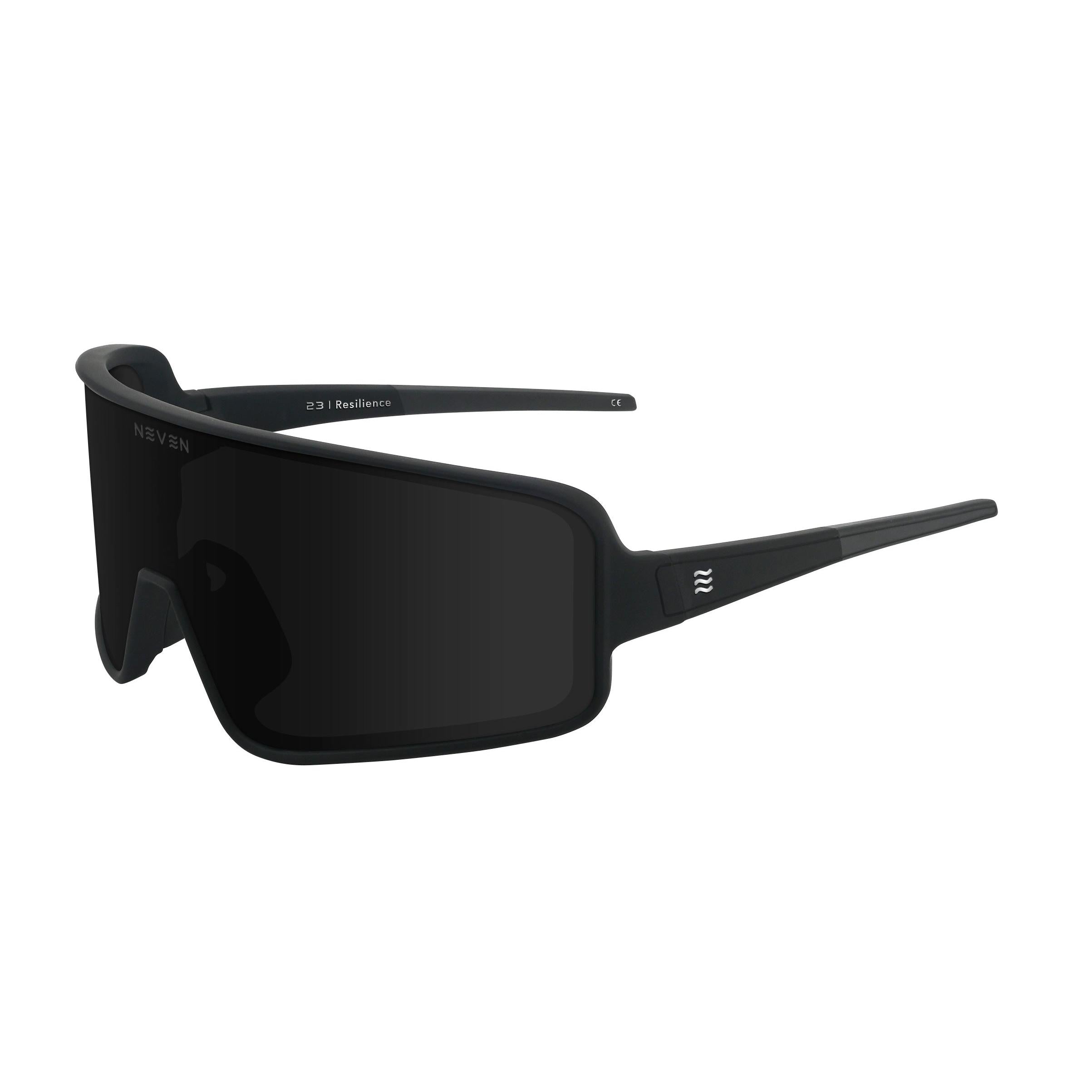 Matte black Neven Resilience polarized sunglasses with a sleek, wraparound shield lens design and side branding.