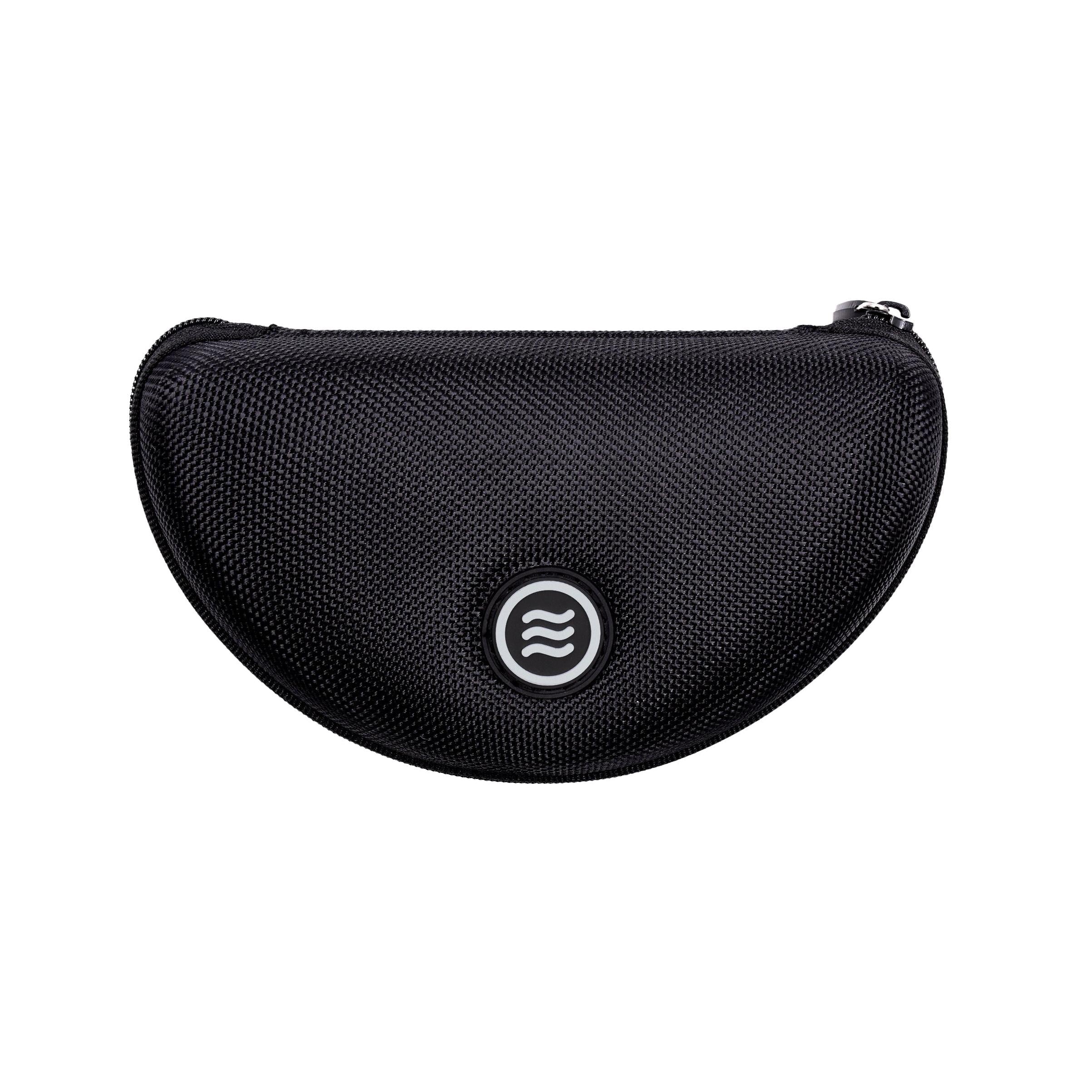 Black, semi-hard zippered Neven sunglasses case with a textured finish and a circular white logo emblem.