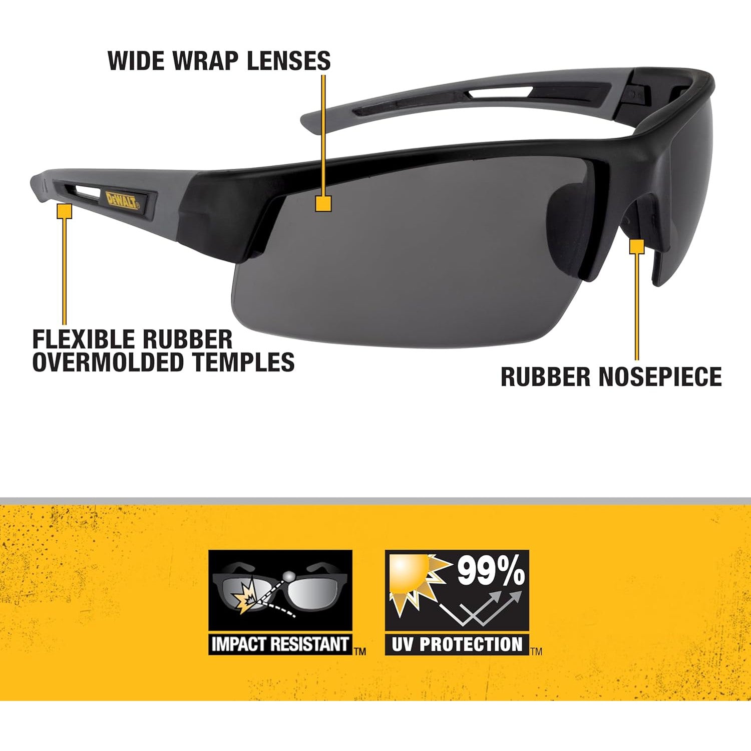 DeWalt Crosscut DPG100-2 Safety Glasses Black Frame with Smoke Lenses Key Features