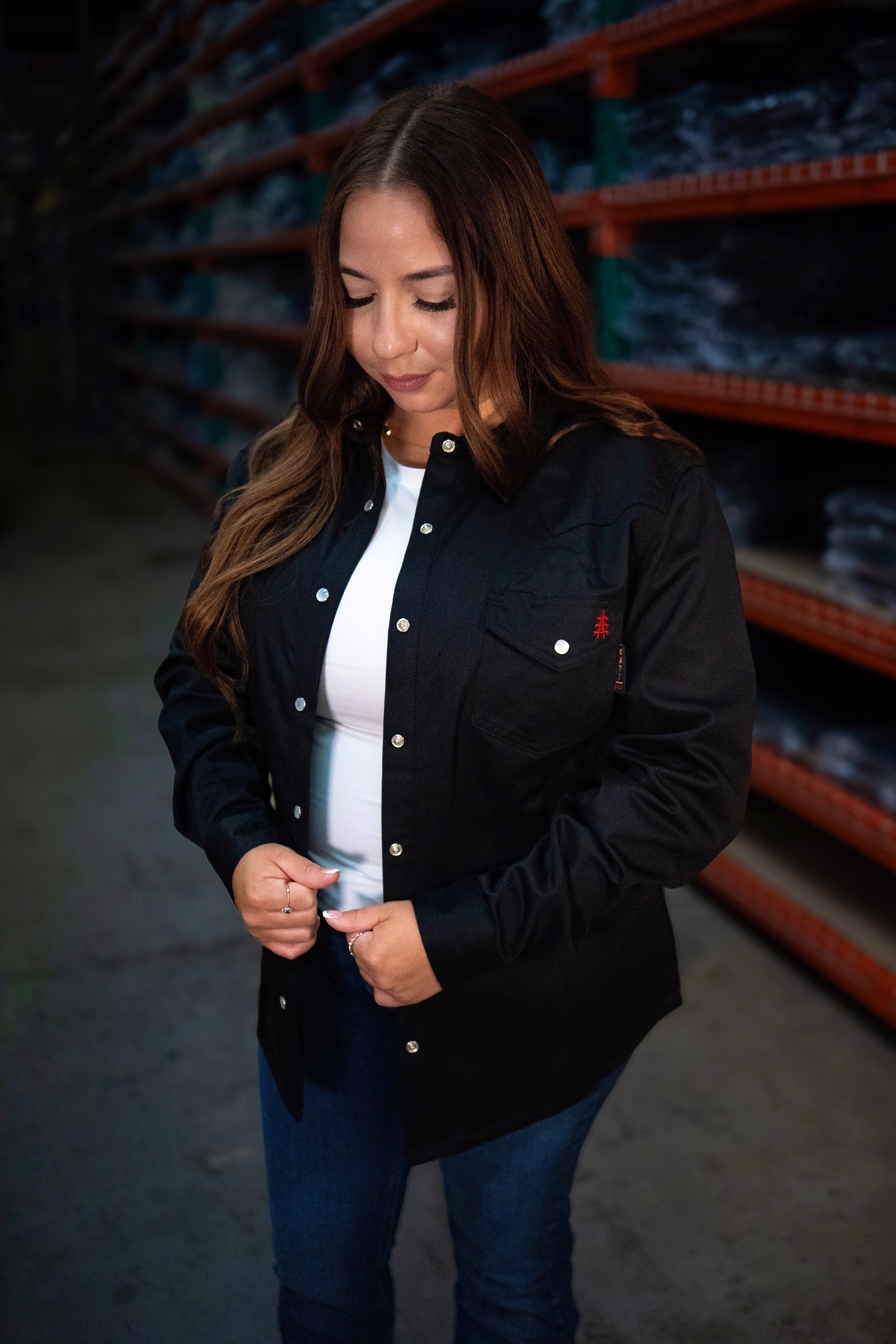 Static FR Women's Flame-Resistant Pearl Snap Work Shirt - Western Black