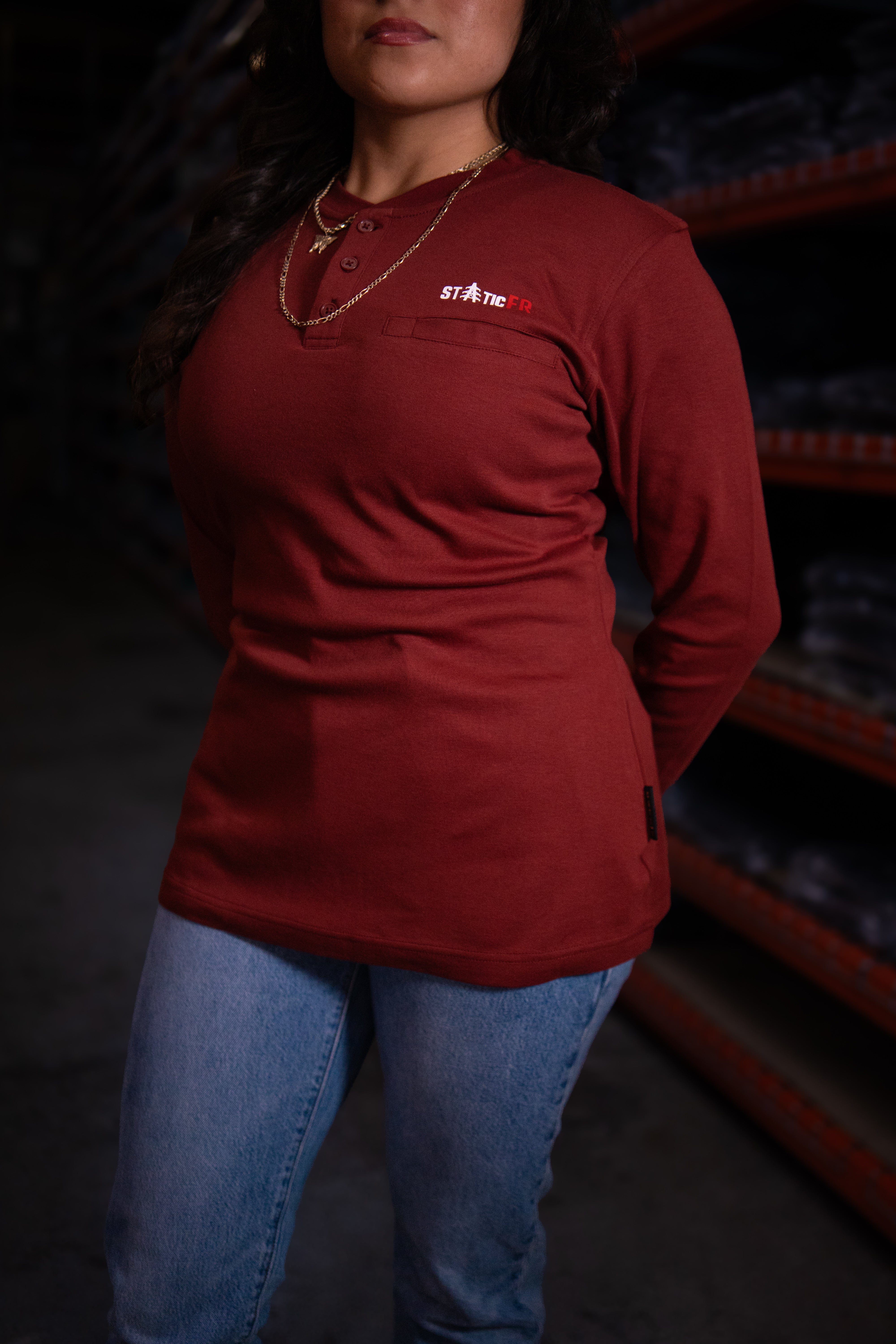 Static FR Women's Flame-Resistant 3-Button Henley Work Shirt - Wine Red