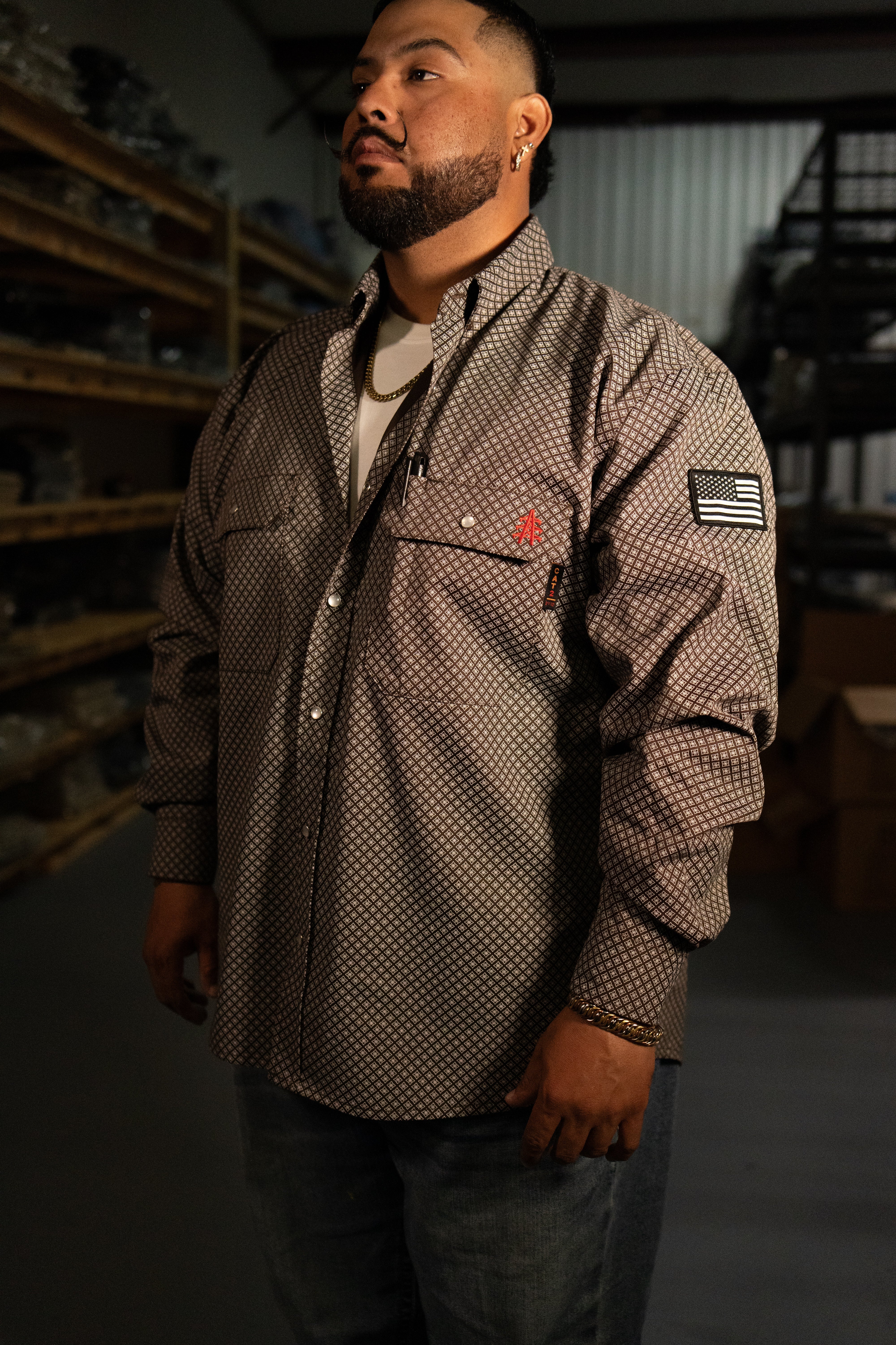 Static FR Flame-Resistant Pearl Snap Work Shirt - Copperhead - With U.S Flag