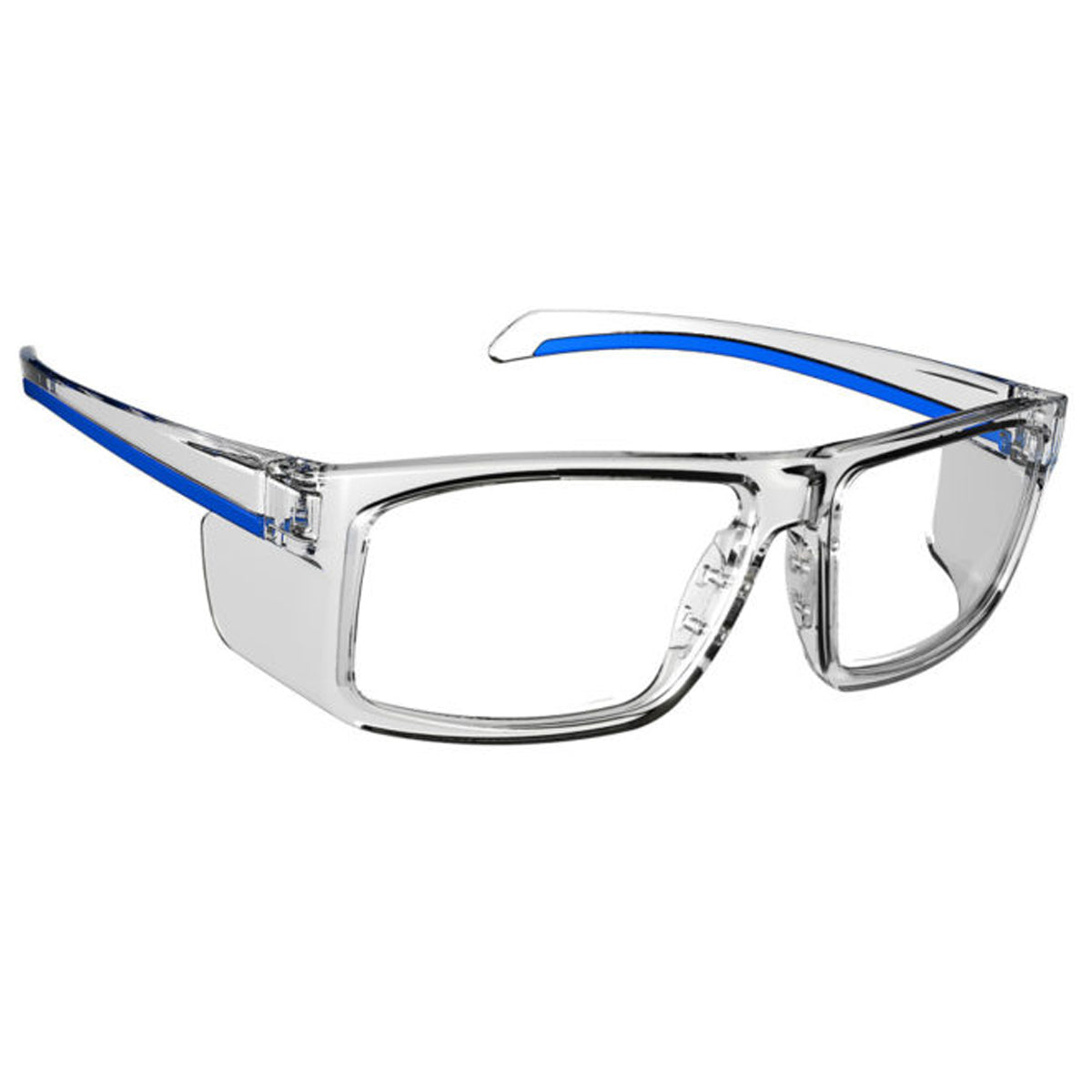 ArmouRx 5003 Crystal prescription safety glasses with blue temples and clear side shields.