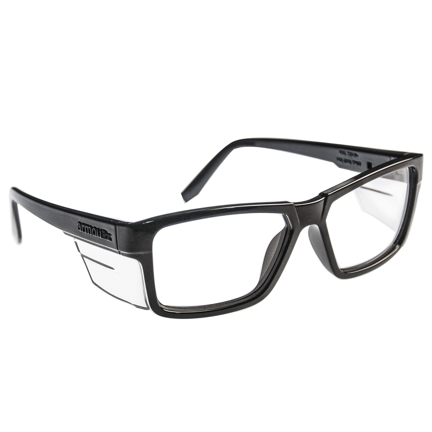 ArmouRx 5005 black plastic full-rim prescription safety glasses with clear side shields.