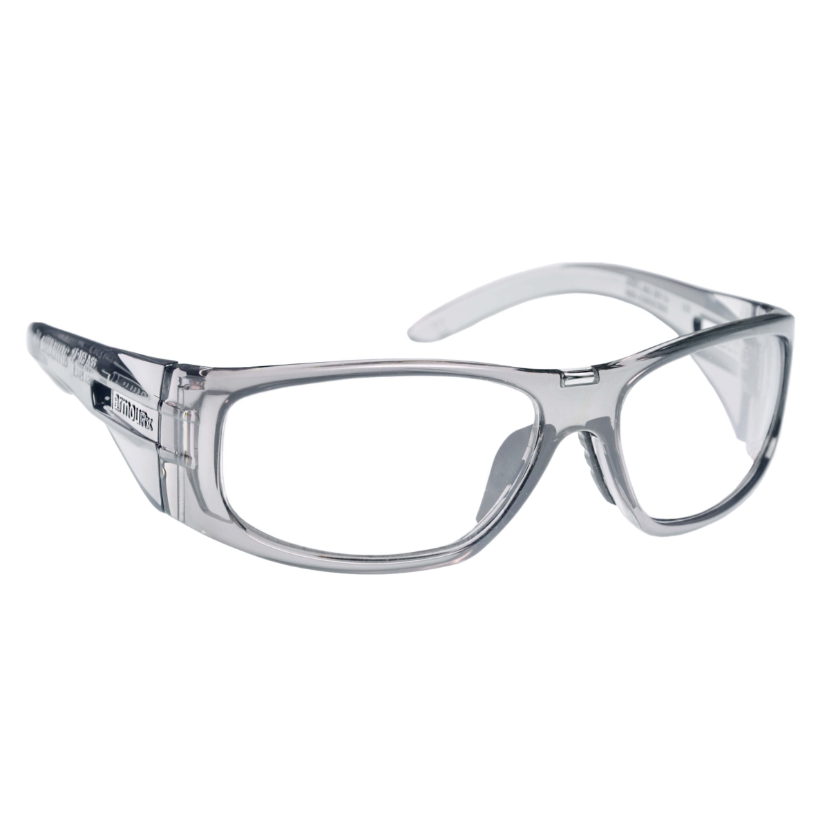Gray ArmouRx 6001 full-rim plastic wraparound prescription safety glasses, 62-16-125 mm.