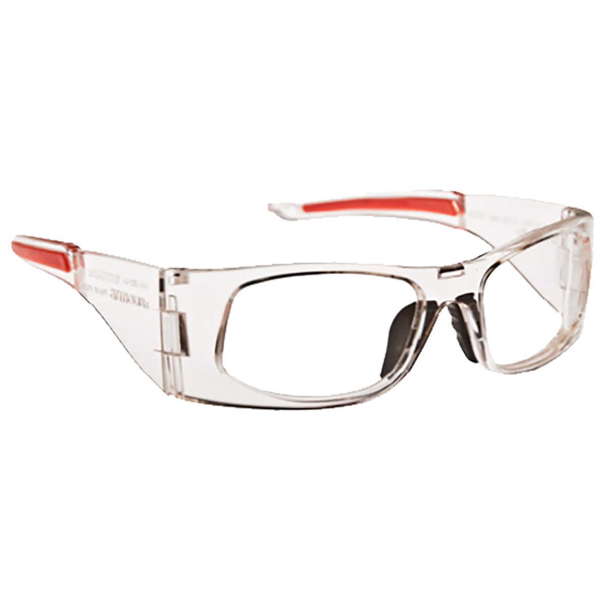 ArmouRx 6002 Crystal prescription safety glasses, plastic wraparound full-rim design with red temple accents.