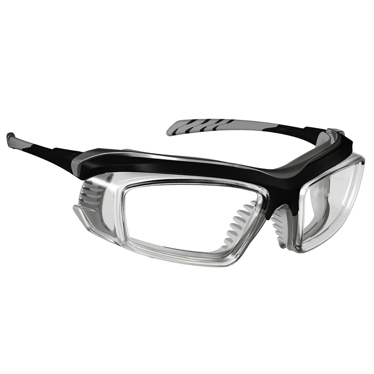 ArmouRx 6008FS black full-rim wraparound prescription safety glasses with clear lenses and side shields.