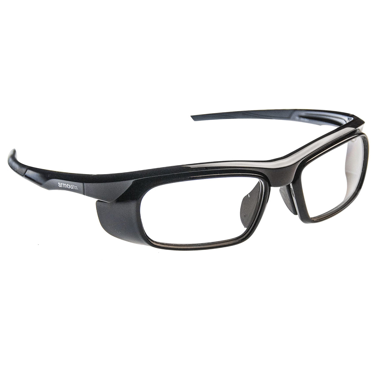 ArmouRx 6013 black plastic wraparound prescription safety glasses with clear lenses.