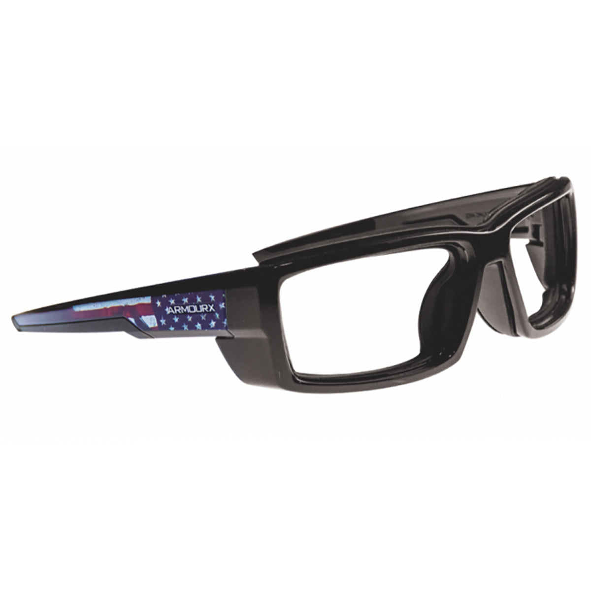 ArmouRx 6014A Asian Fit prescription safety glasses, black plastic frame with USA flag temple.
