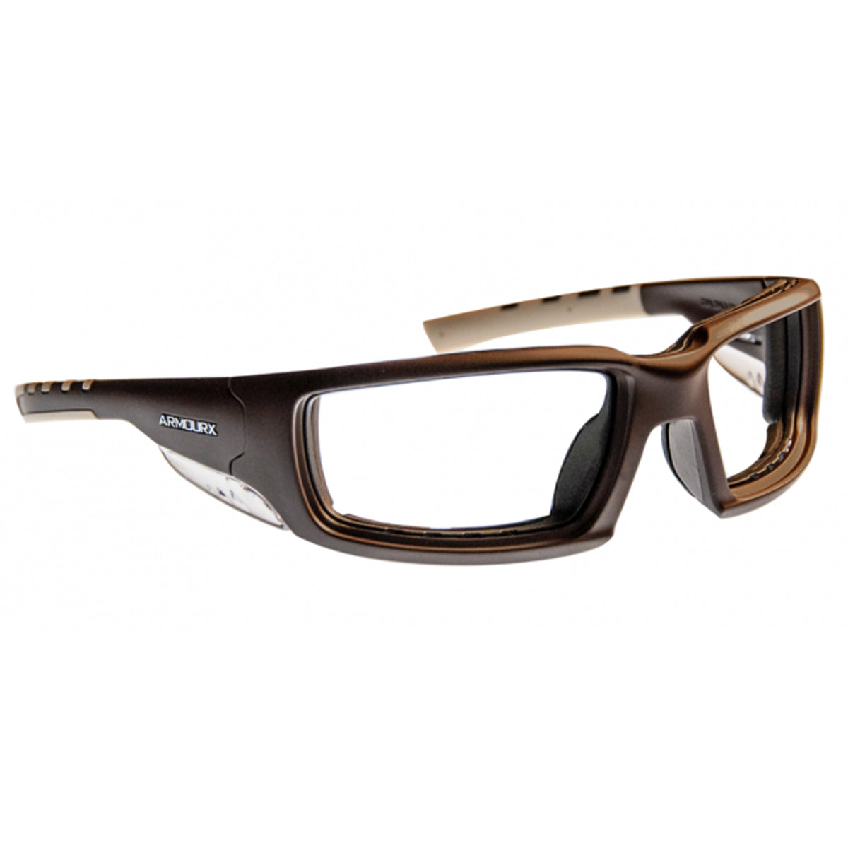 ArmouRx 6016 brown plastic wraparound prescription safety glasses with integrated side protection.