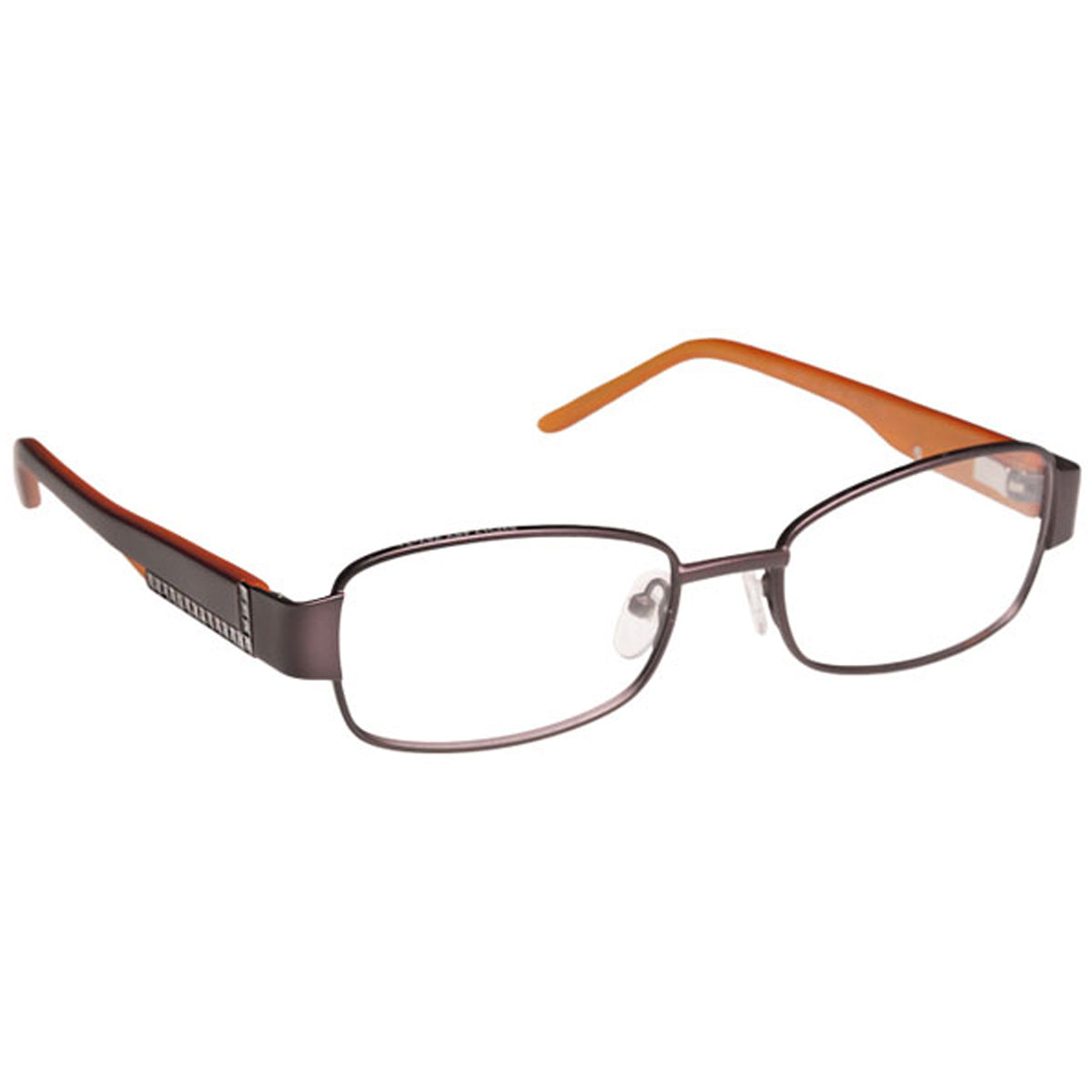 ArmouRx 7010 women's brown metal full-rim prescription safety glasses with orange temples.