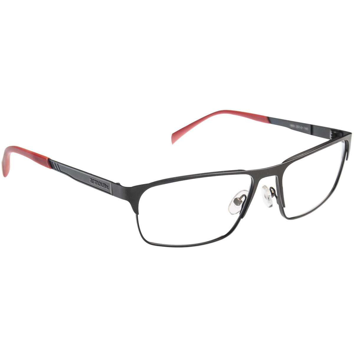 ArmouRx 7108 black metal full-rim prescription safety glasses with red temple tips.