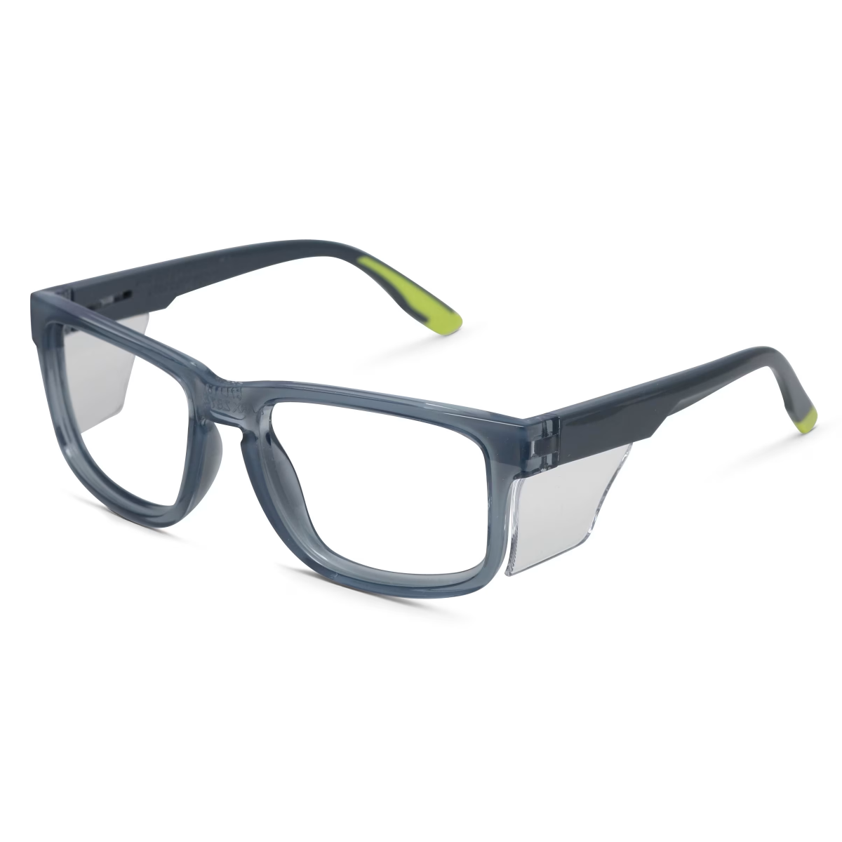 ArmouRx 7501 gray plastic prescription safety glasses with clear side shields and lime green temple tips.