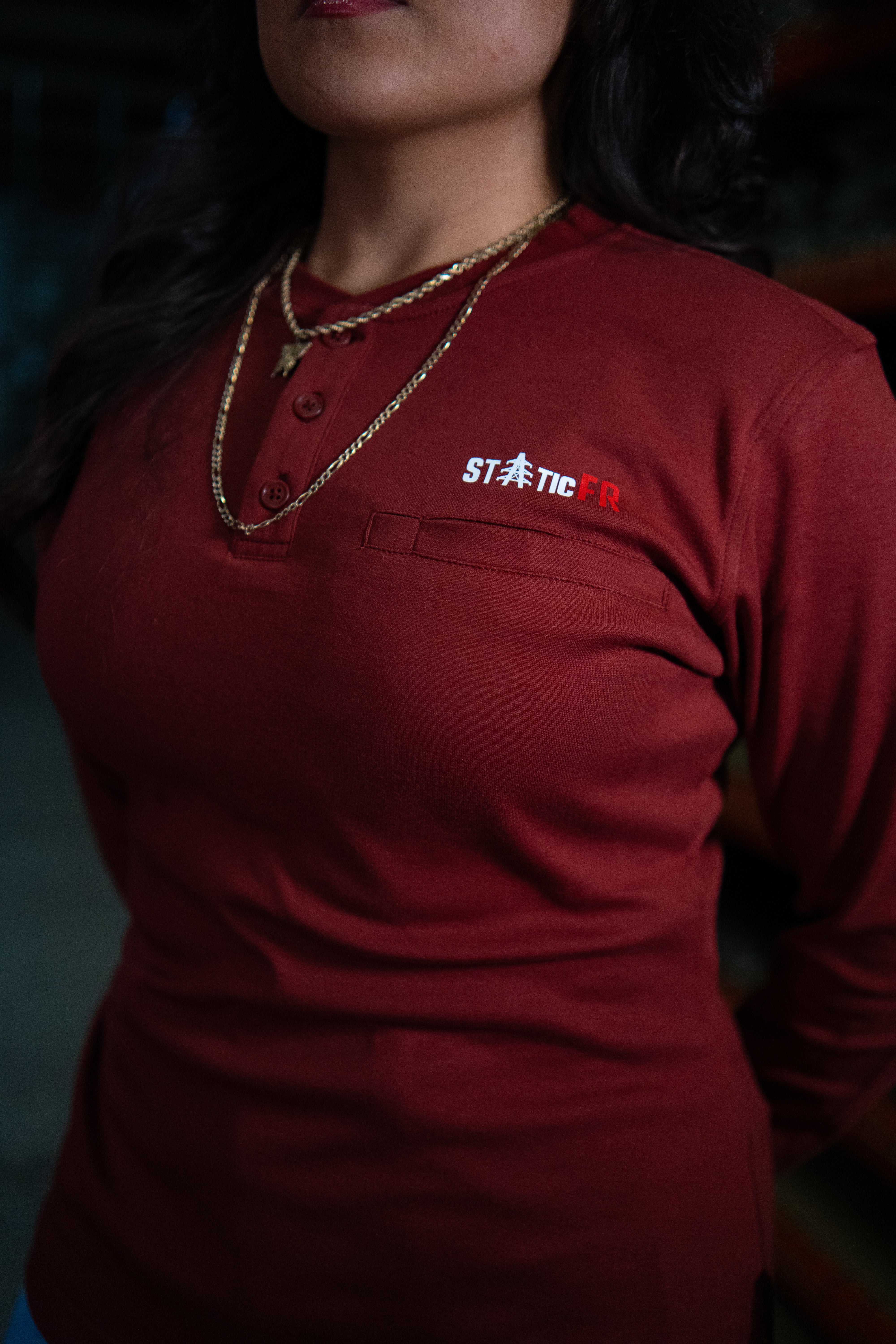 Static FR Women's Flame-Resistant 3-Button Henley Work Shirt - Wine Red