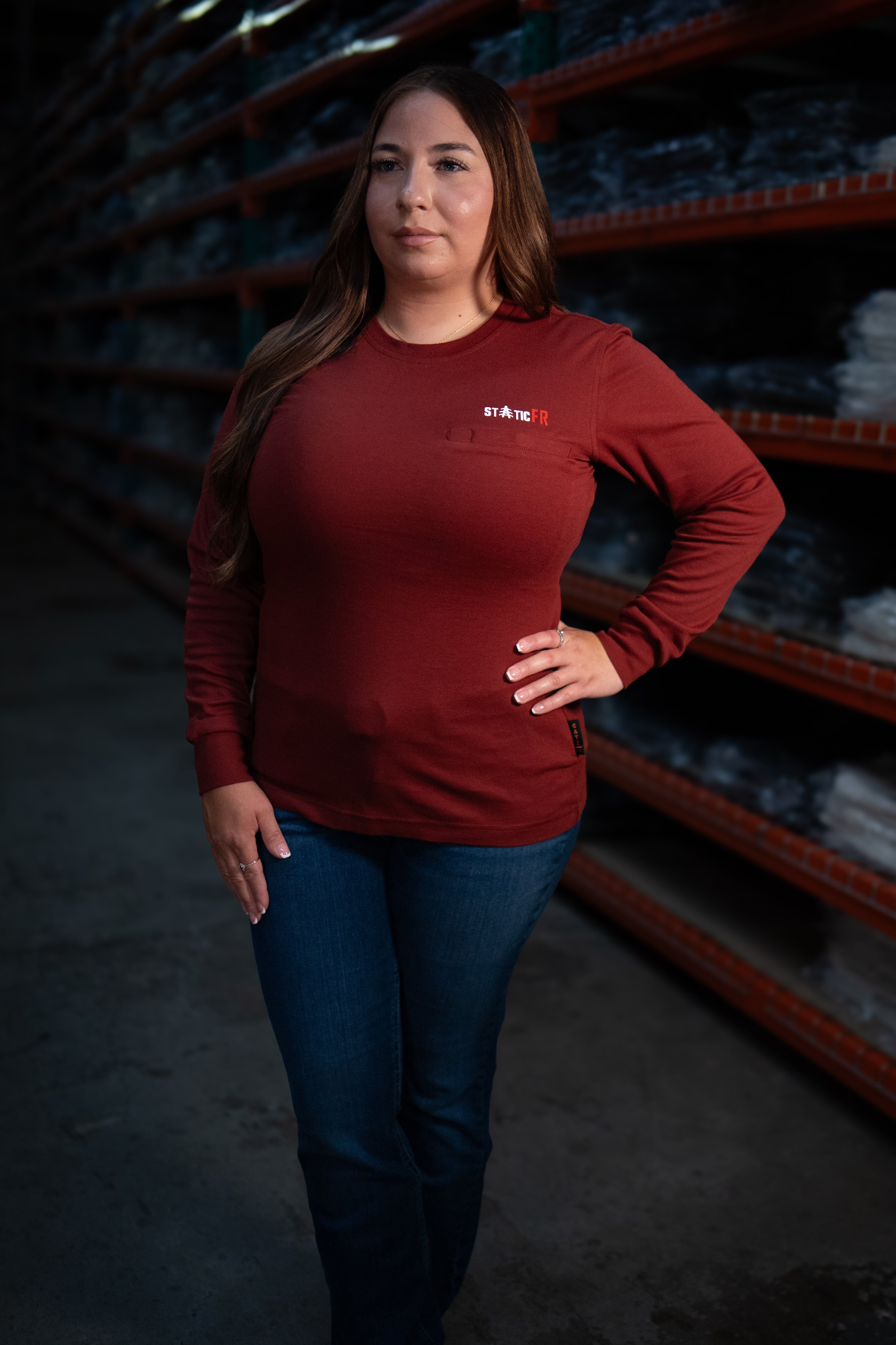 Static FR Women's Flame-Resistant Crew Neck Work Shirt - Wine Red