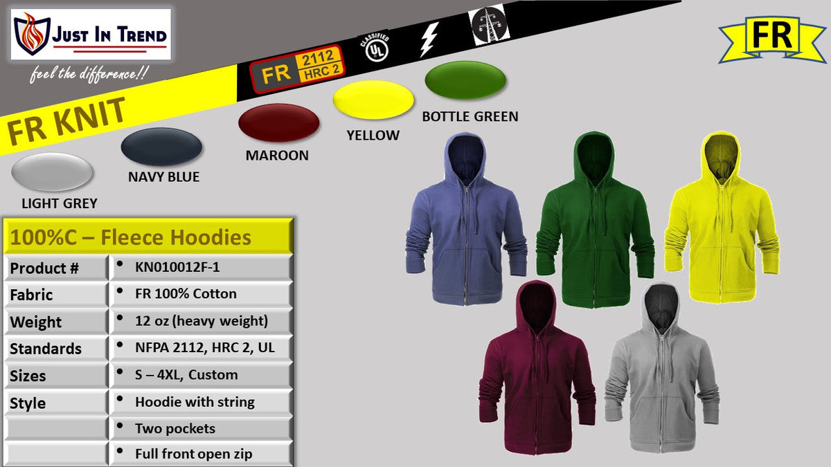 Just In Trend Flame Resistant 12 oz Fleece Hoodies 100% Cotton