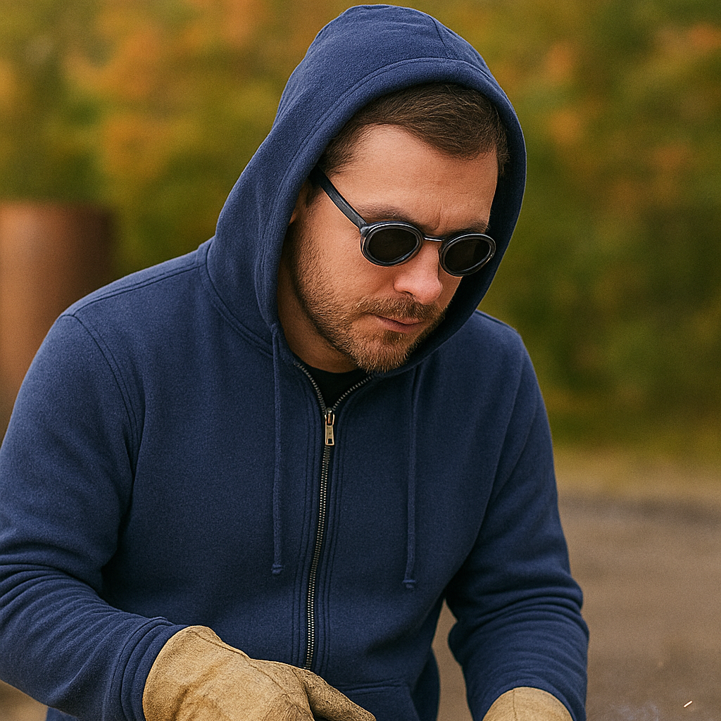 A man wearing a navy blue zip-up hoodie, work gloves, and dark sunglasses welds metal bars, with bright sparks flying at the intersection. The background is a soft-focus outdoor setting with warm autumn foliage.