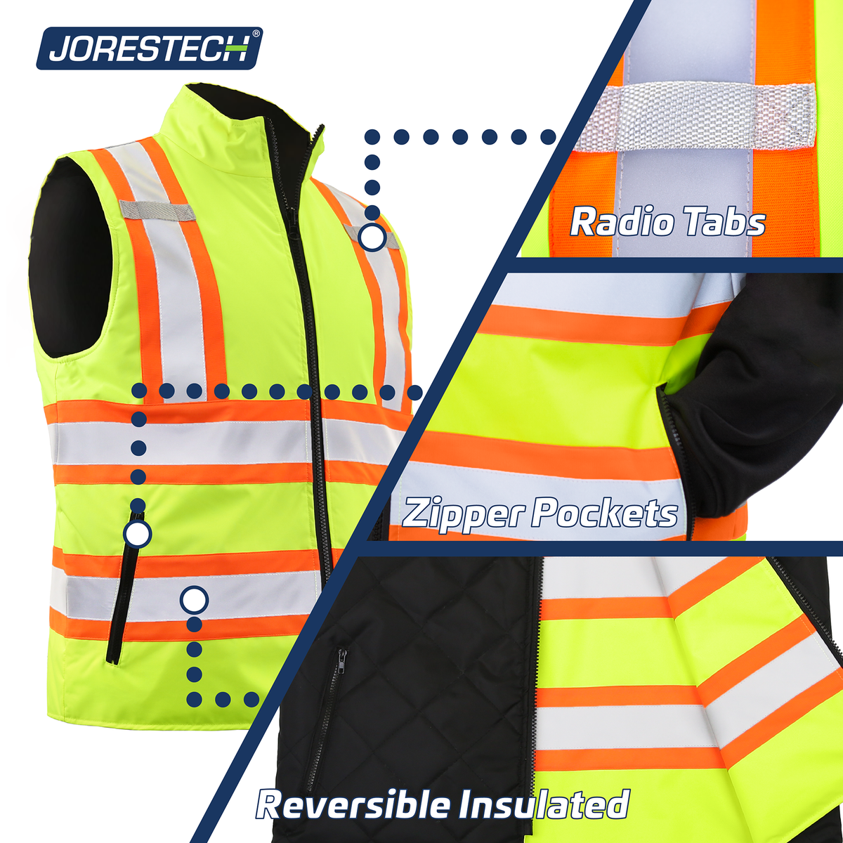 Jorestech Hi-Vis Two-Tone Reversible Insulated Safety Vest with Reflective Strips