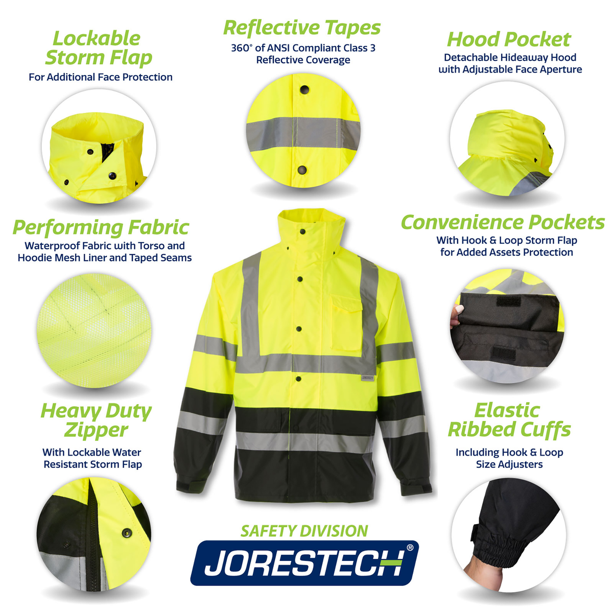 Jorestech Hi-Vis Yellow/Black Rain Jacket with 2" Reflective Strips